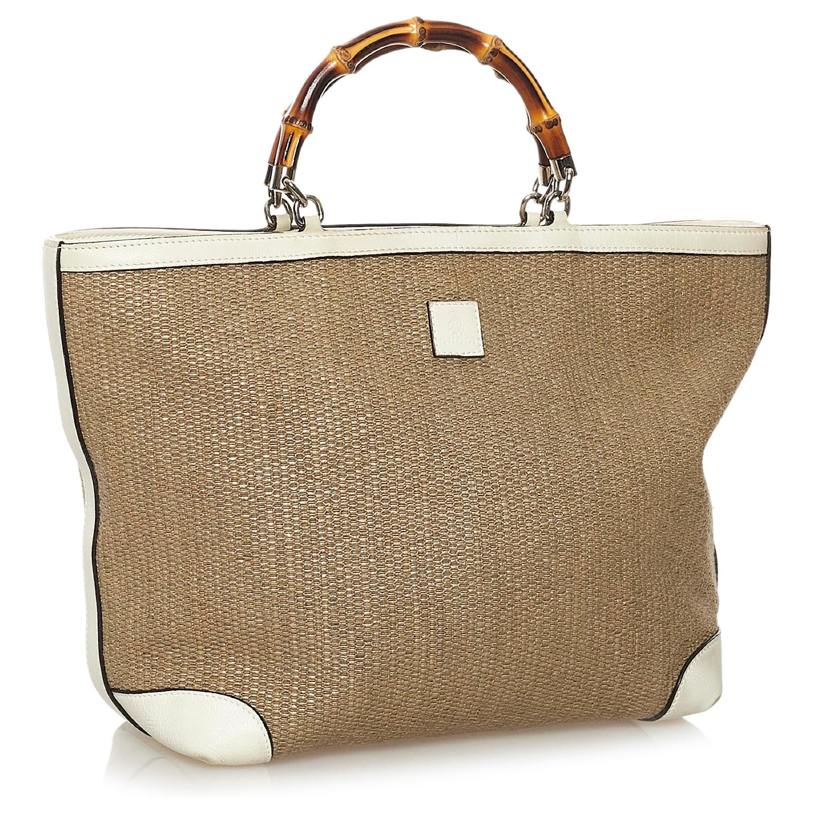 Gucci Brown Bamboo Raffia Handbag White Light brown Leather Pony-style ...