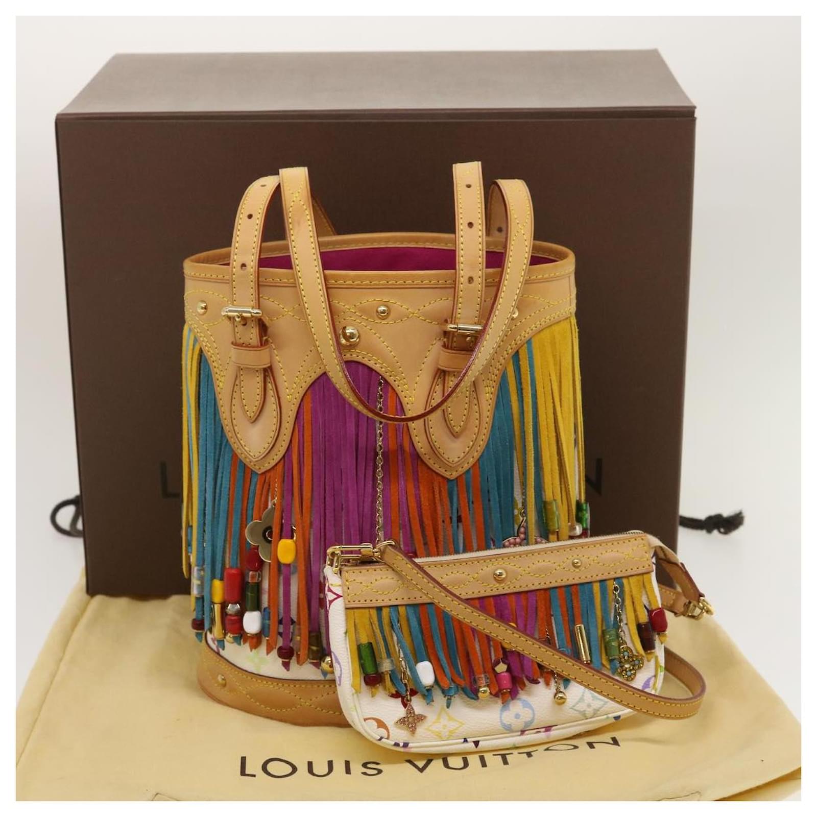 Louis Vuitton White Monogram Multi-color Fringe Bucket Bag with Pouch