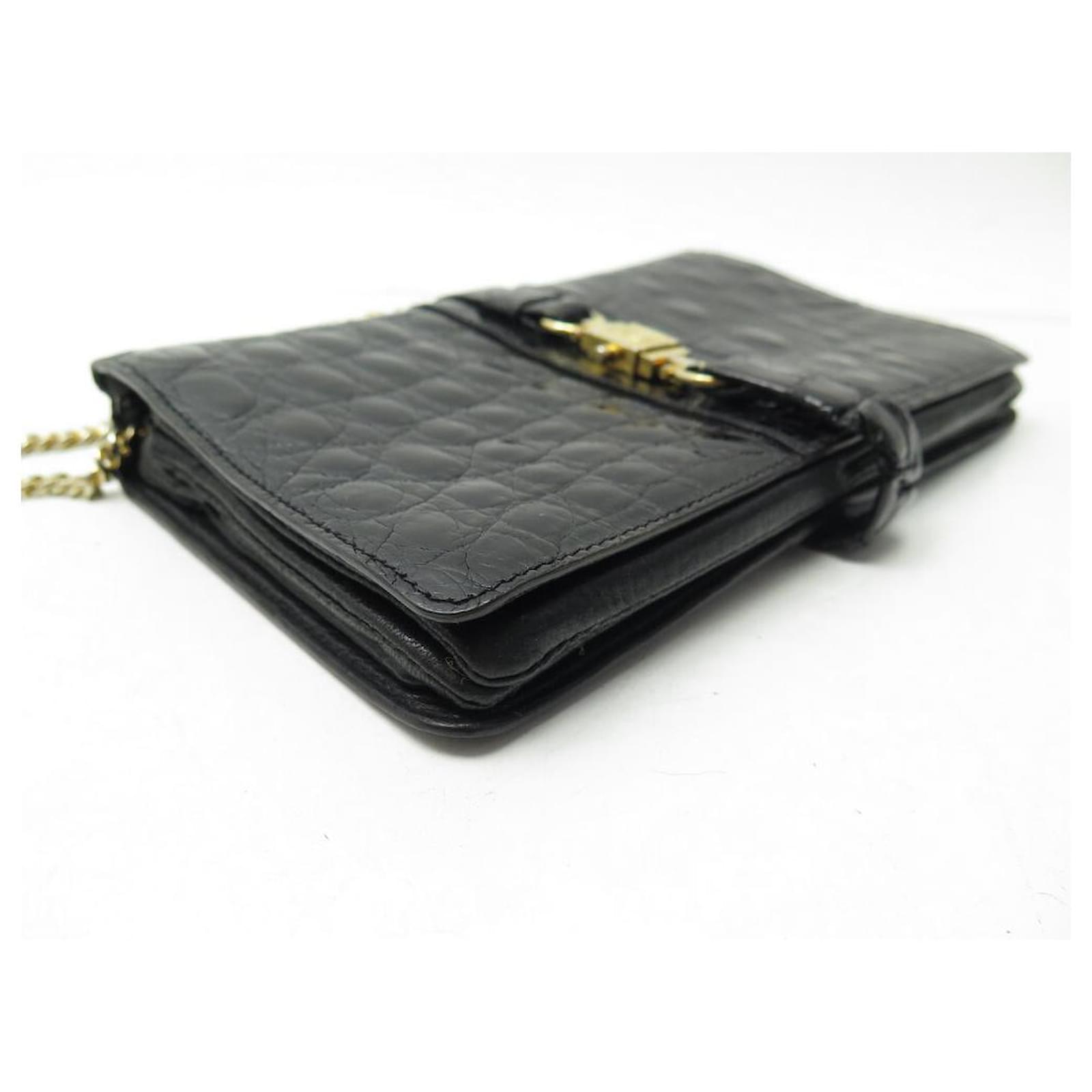 バッグ Celine Vintage Black Leather Pouch Bag Céline VINTAGE CELINE HANDBAG POUCH IN BLACK CROCODILE LEATHER