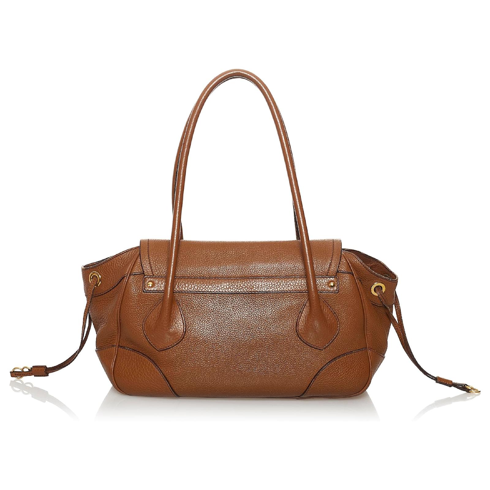 Prada Leather Pattina Pushlock Sound Lock Shoulder Purse Bag Brown Tan Gold