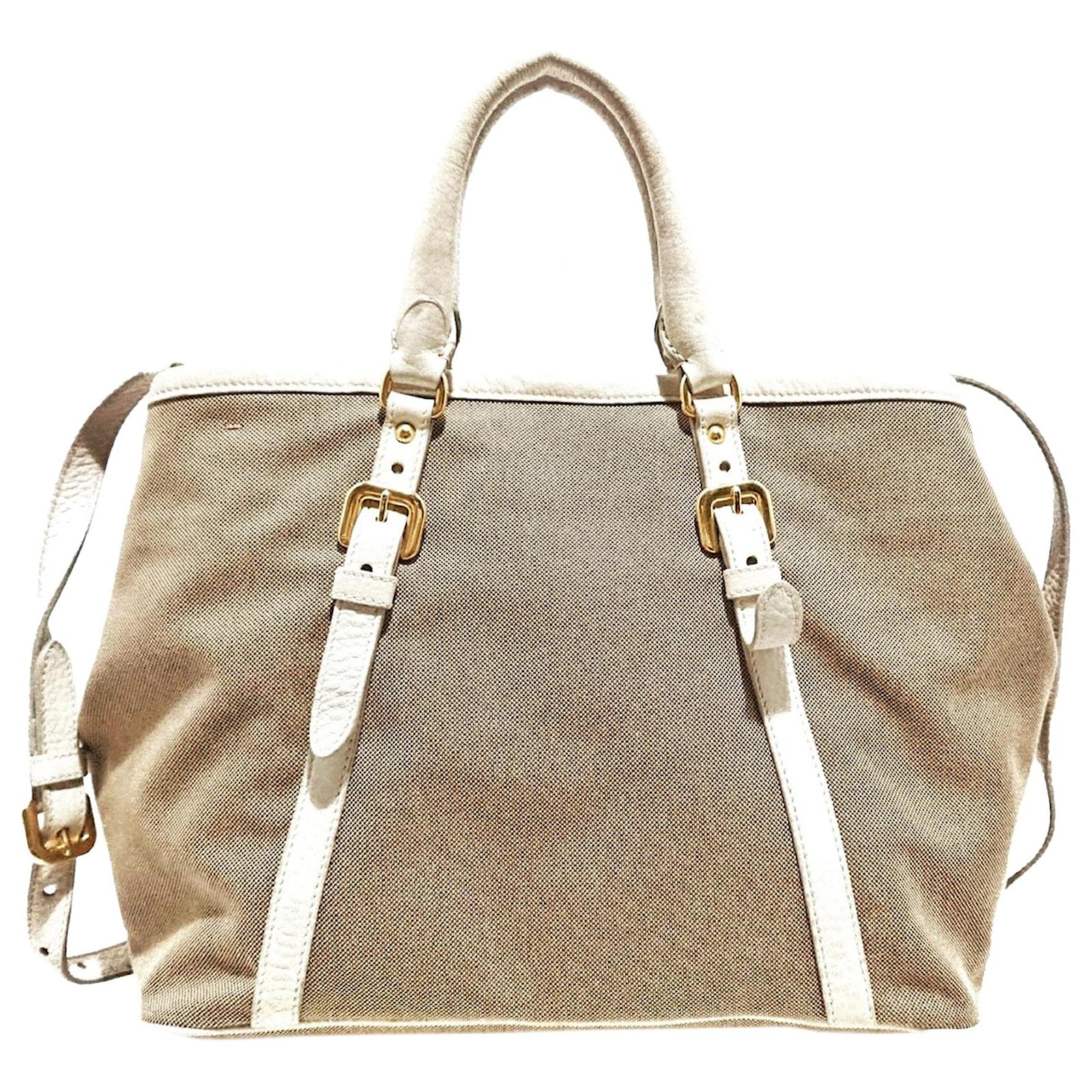 Prada Brown Canapa Logo Canvas Satchel White Beige Leather Cloth Pony-style  calfskin Cloth ref.585686 - Joli Closet