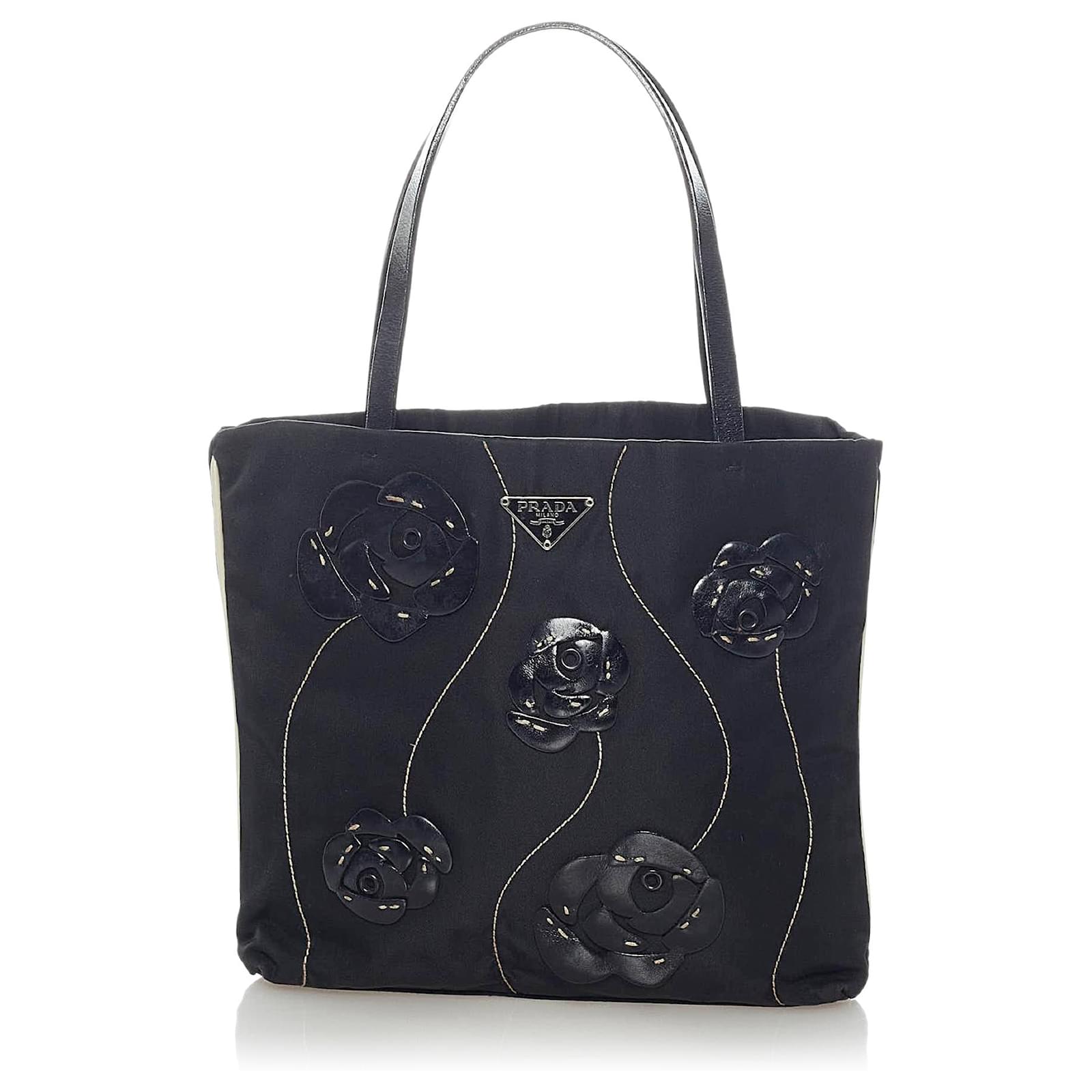 Prada Black Tessuto Handbag Leather Ponystyle calfskin Nylon Cloth ref