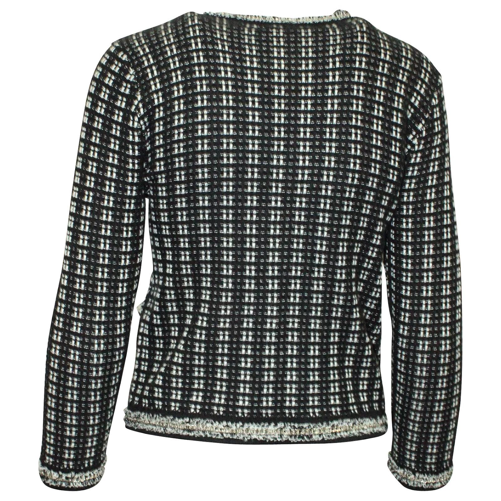 Alice + Olivia Monochrome Tweed Embellished Georgia Jacket in Black Cotton