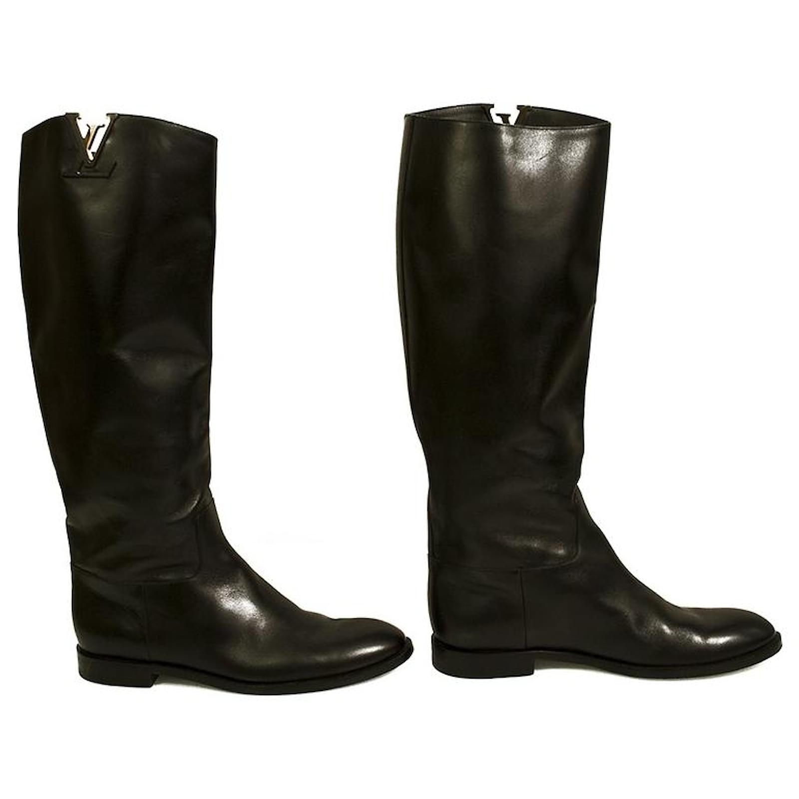 Louis Vuitton black leather knee height boots with LV logo 2,5cm low heels  40 ref.591422 - Joli Closet