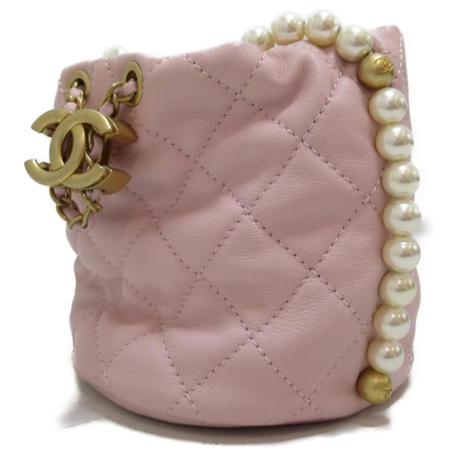 Chanel Matelasse Pearl Chain Bucket Bag Pink Leather Pony-style
