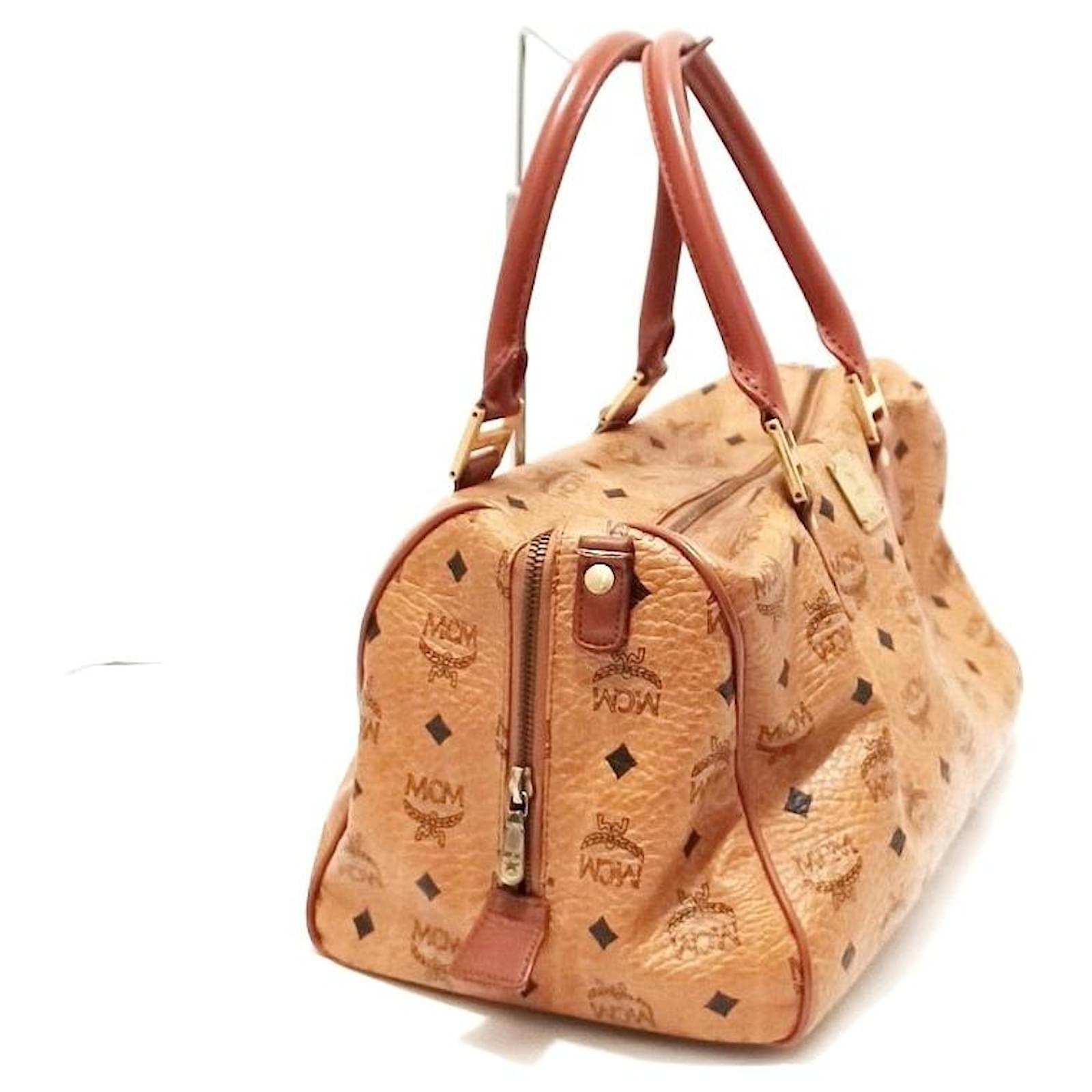 Mcm Printed Fabric Mini Boston Handbag Printed Donna Tu In Brown