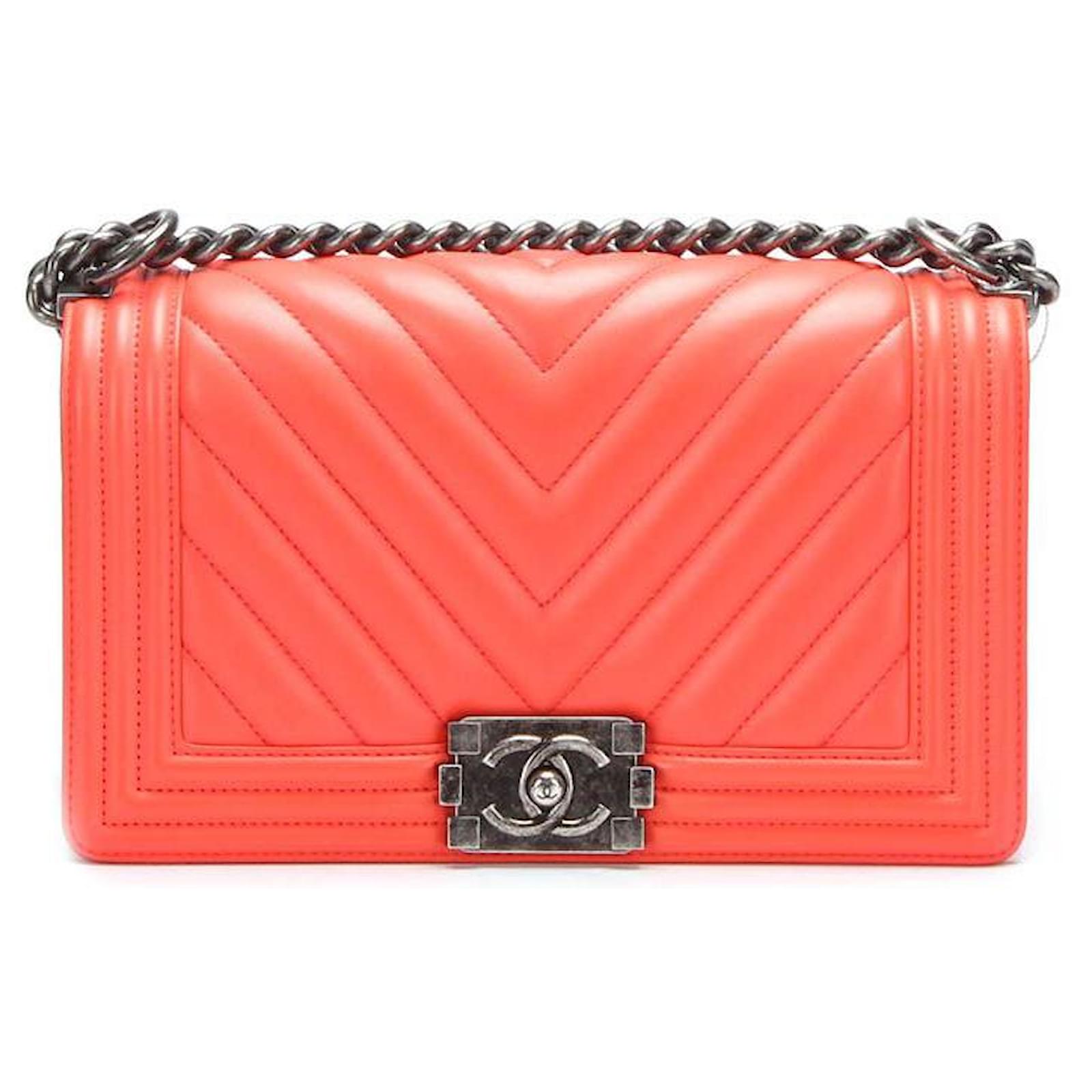 Chanel Leather Chevron Le Boy Bag Orange Lambskin  - Joli Closet