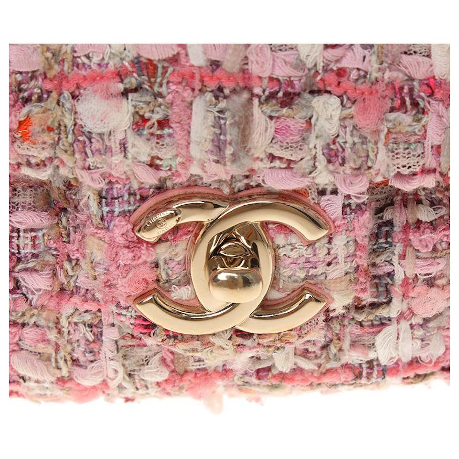 Chanel Spring 2019 Pearl Handle Tweed Flap Bag Pink Metal ref