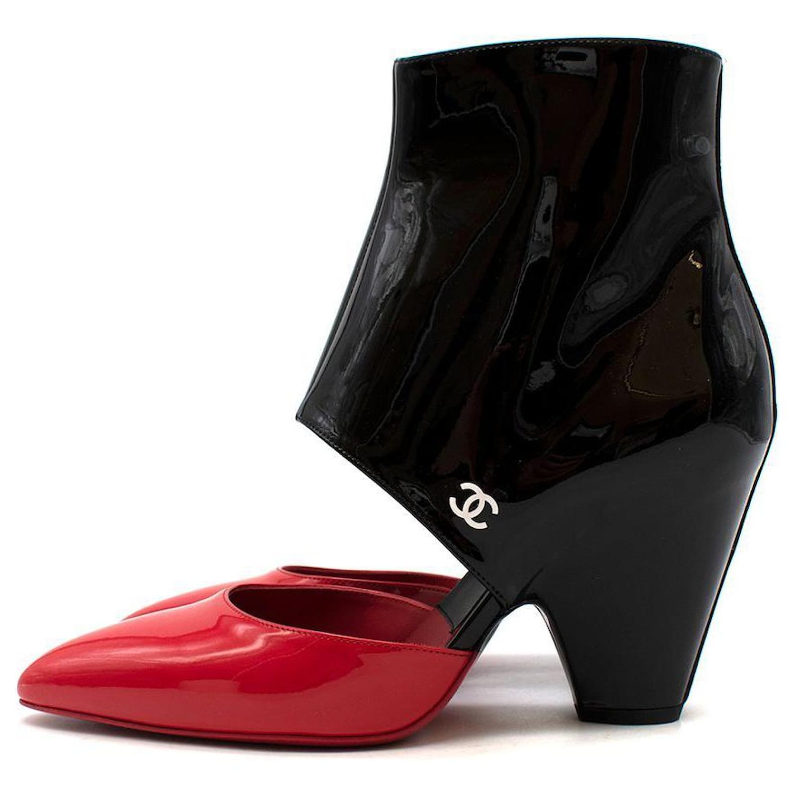 Chanel Red & Black Patent calf leather Cut-Out Booties Patent