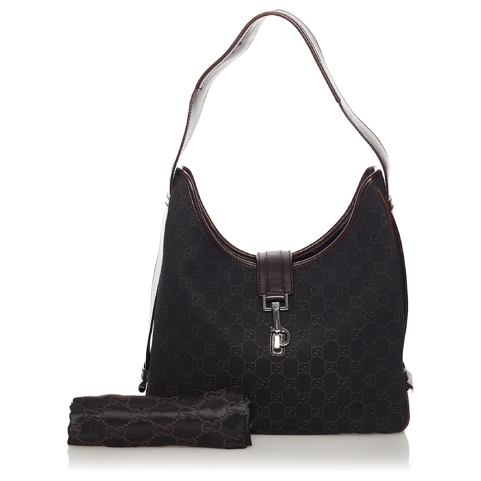 Gucci Black GG Canvas Shoulder Bag Brown Dark brown Leather