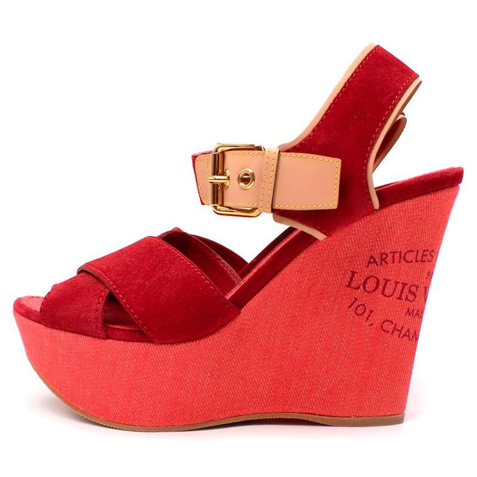 Louis Vuitton Red Denim & Suede Crossover Wedge Sandals ref.611519 - Joli  Closet