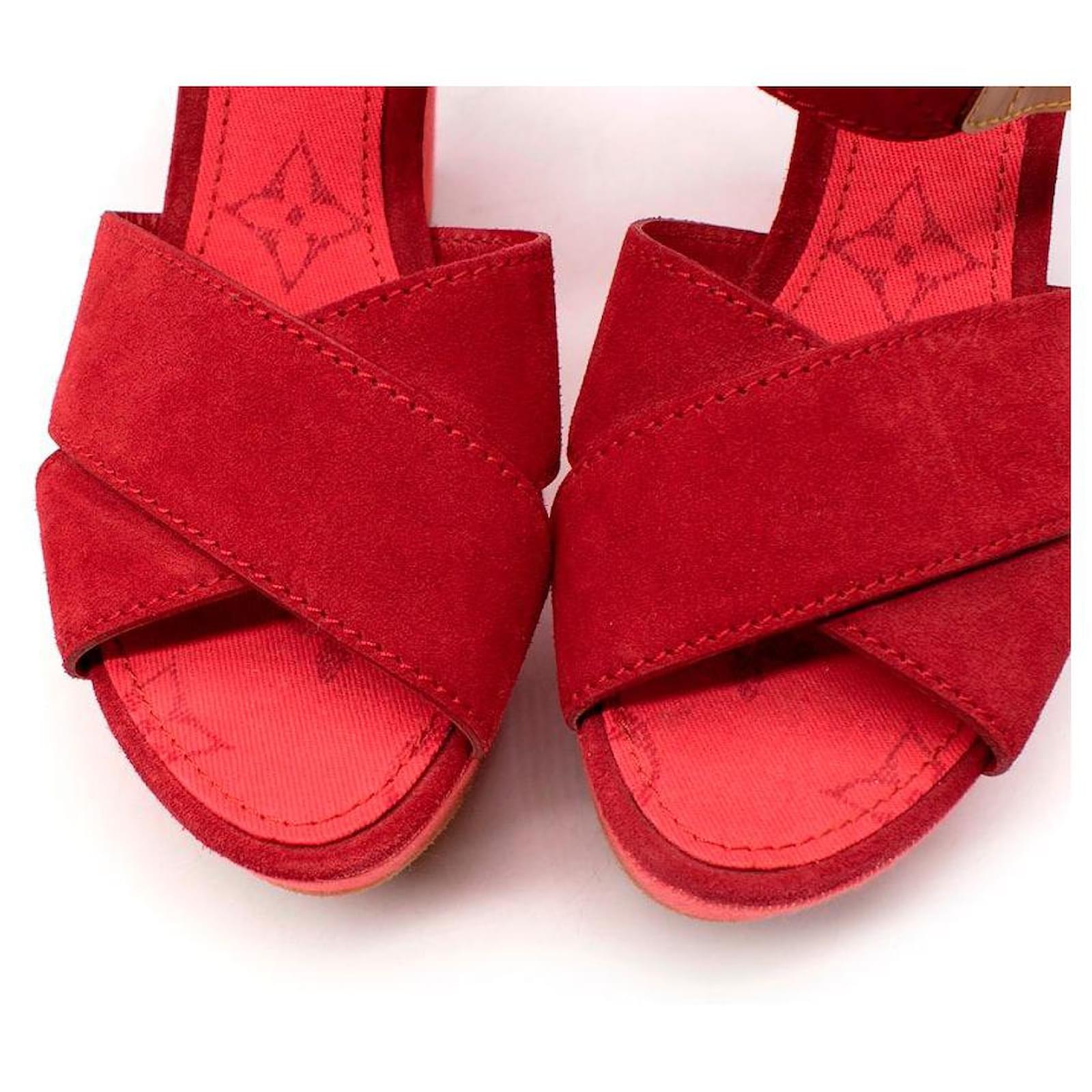 Louis Vuitton Red Denim & Suede Crossover Wedge Sandals ref.596447 - Joli  Closet