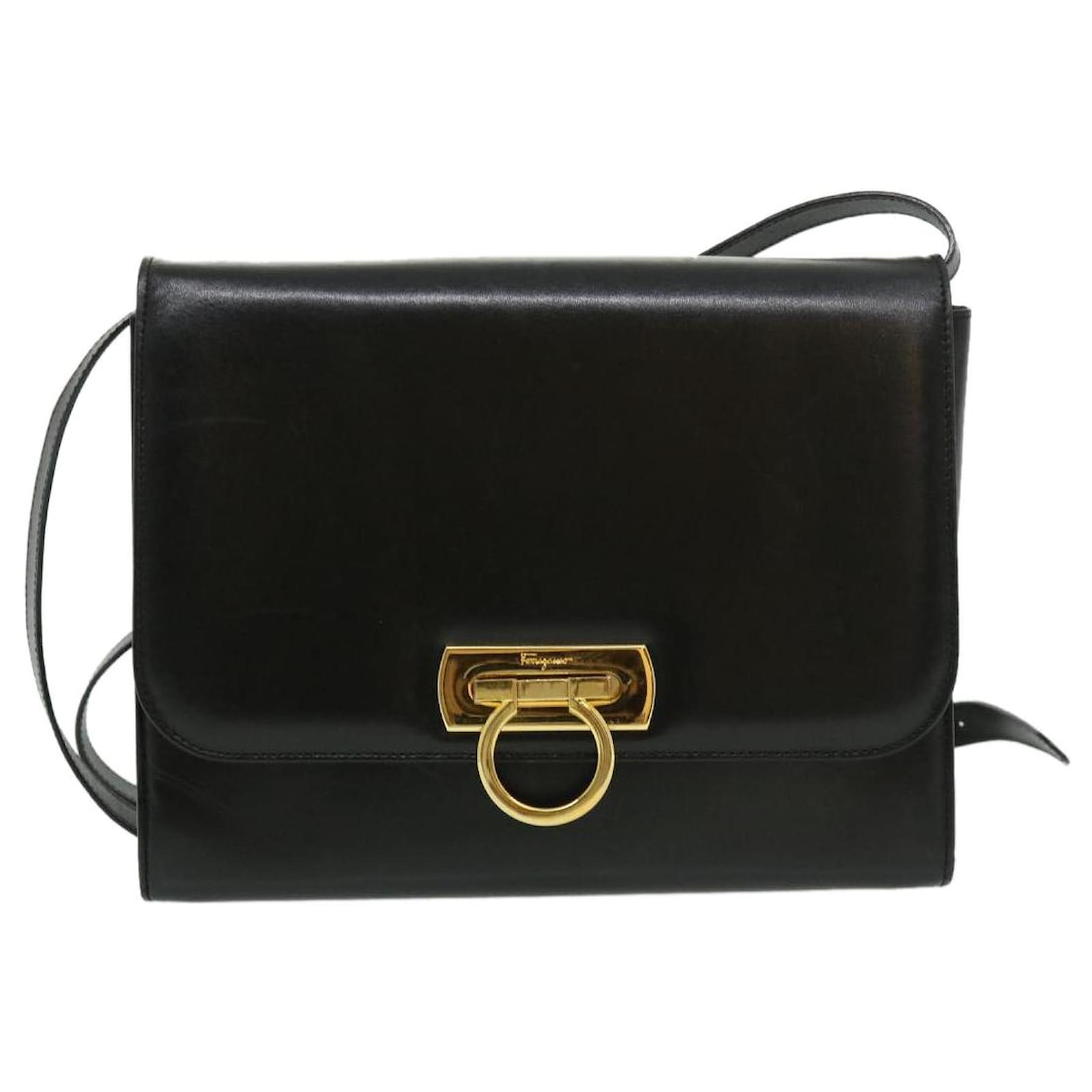 Salvatore Ferragamo Gancini Shoulder Bag Leather Black Gold
