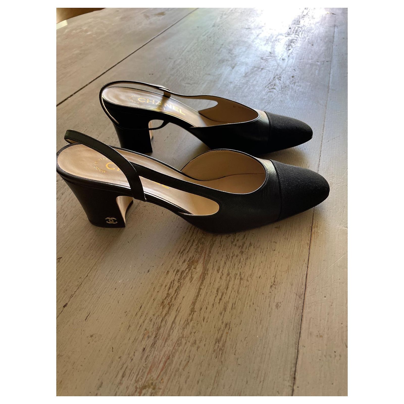 CHANEL Slingback 37,5 fr Black Leather ref.602235 - Joli Closet