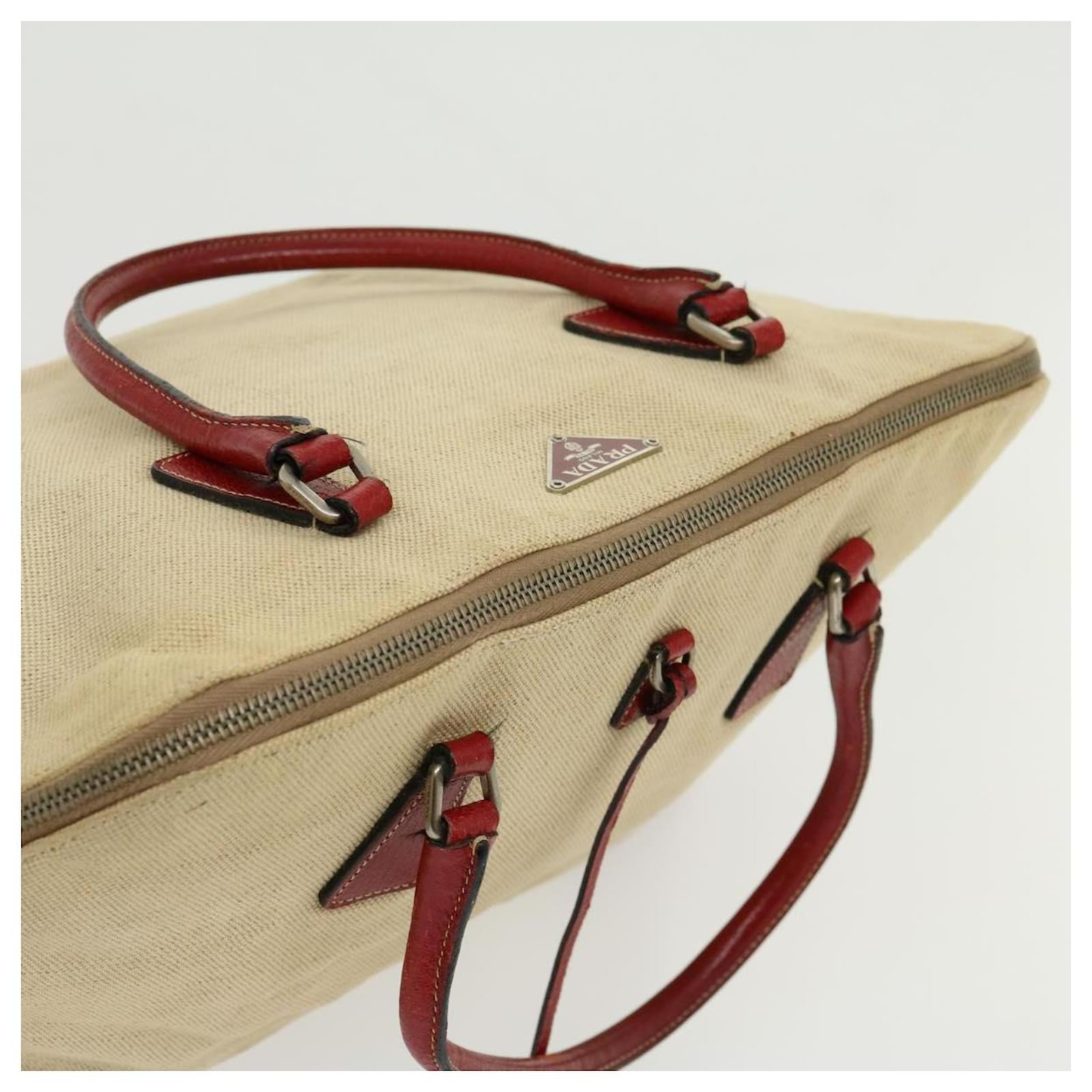PRADA Hand Bag Canvas Leather Beige Red Auth ar7126 Cloth