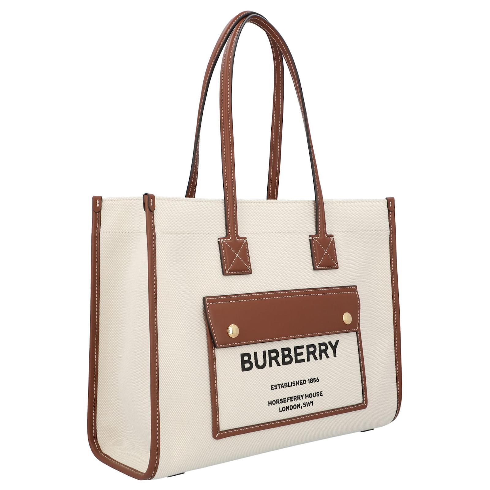 Burberry women small Freya tote bag in beige canvas Cloth ref.604238 ...