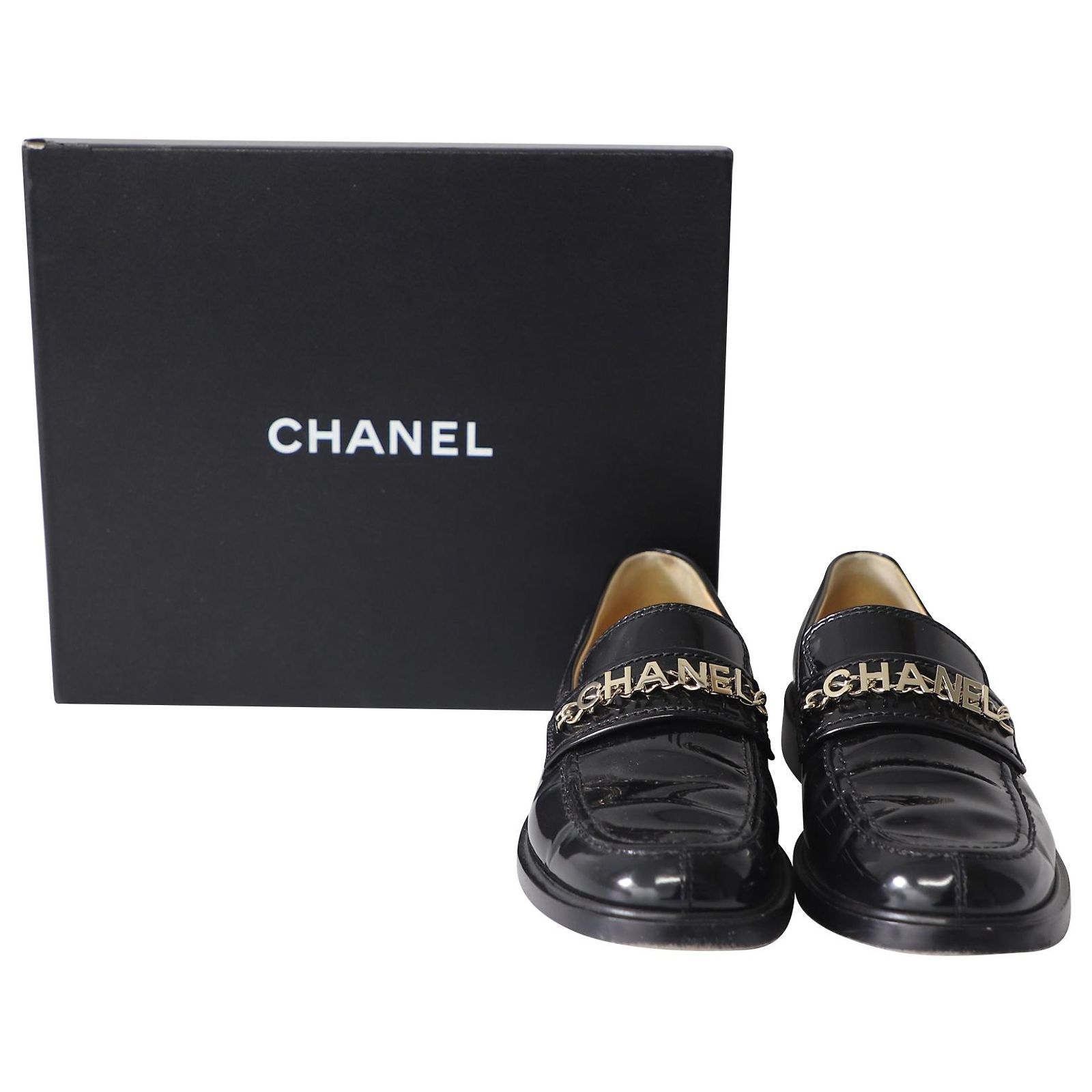 Chanel Logo Loafers In Black Patent Leather Ref 604266 Joli Closet Chanel Logo Loafers In Black Patent Leather Ref 604266 Joli Closet