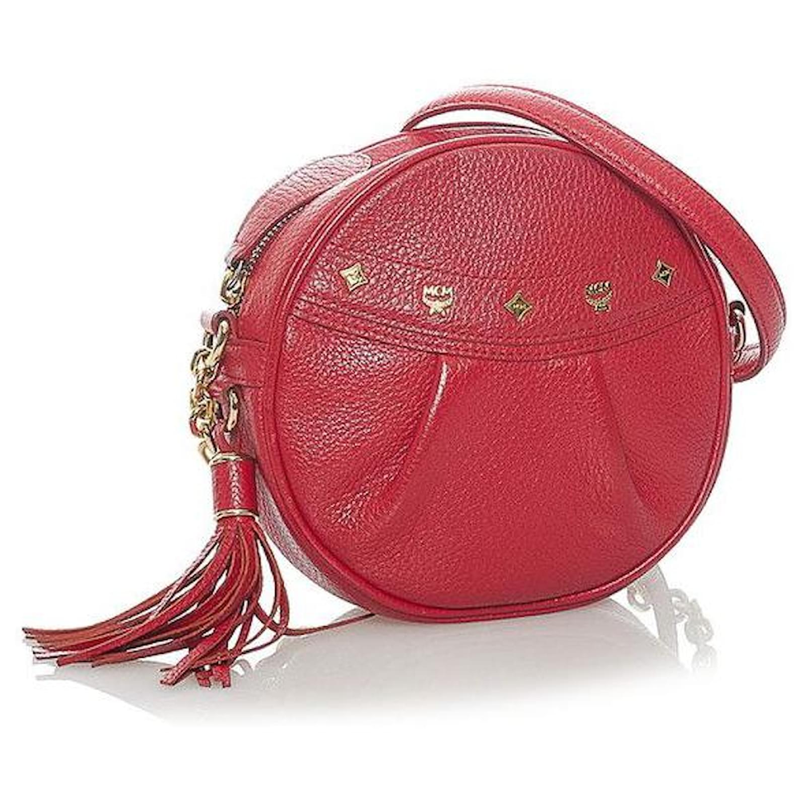 MCM Leather Round Tassel Crossbody Bag Red Pony-style calfskin ref