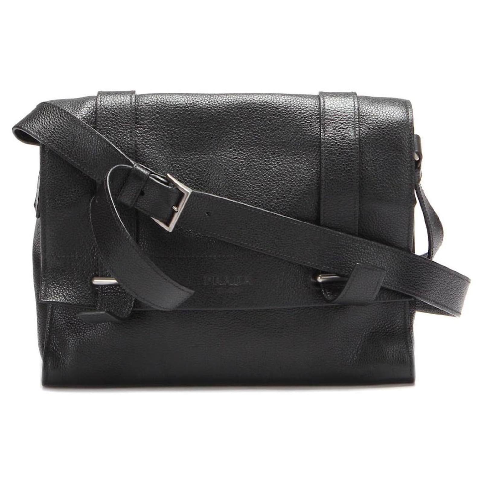 Prada Vitello Daino Messenger Bag Black Leather Ponystyle calfskin ref