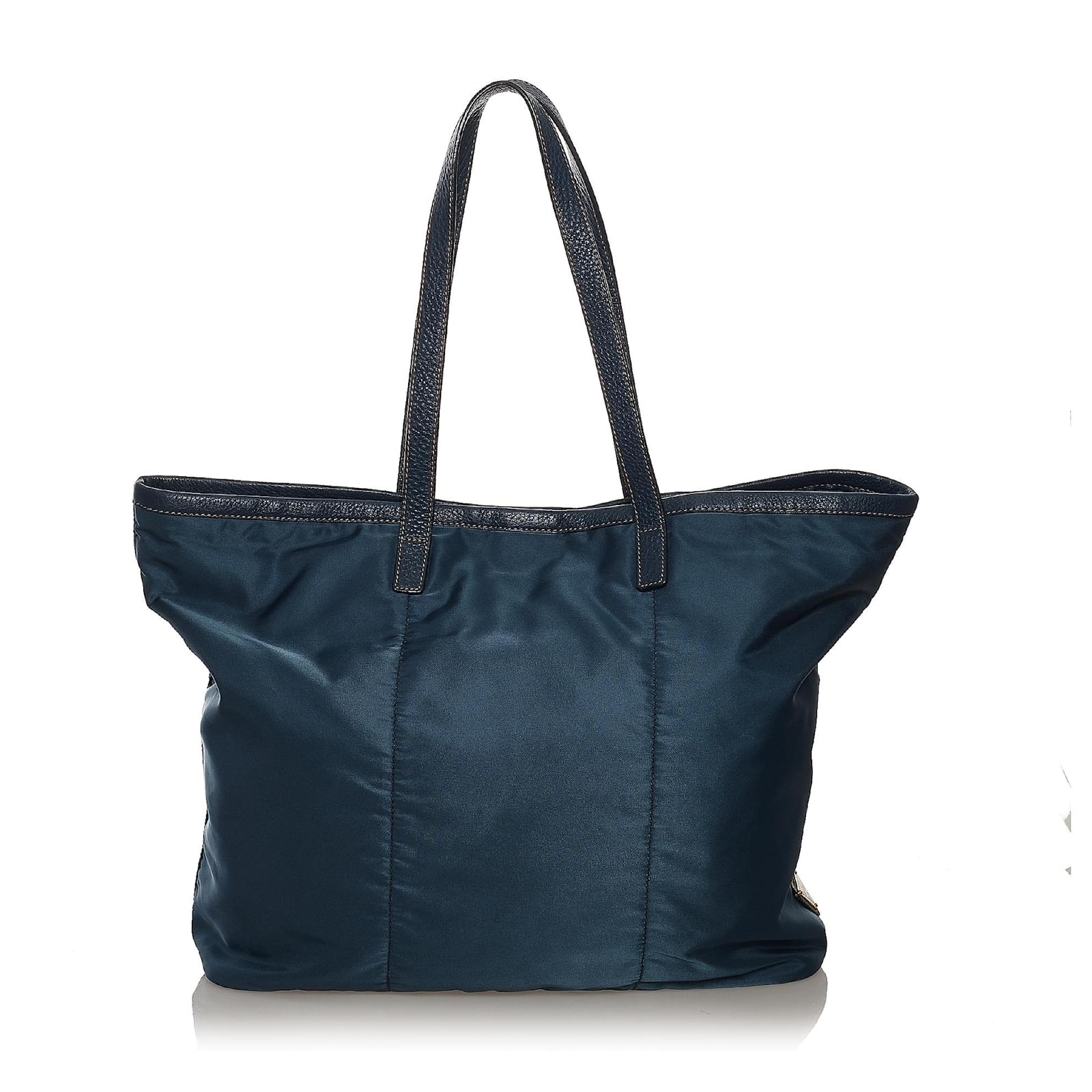 Prada Blue Canapa Logo Nylon Tote Bag Leather Pony-style