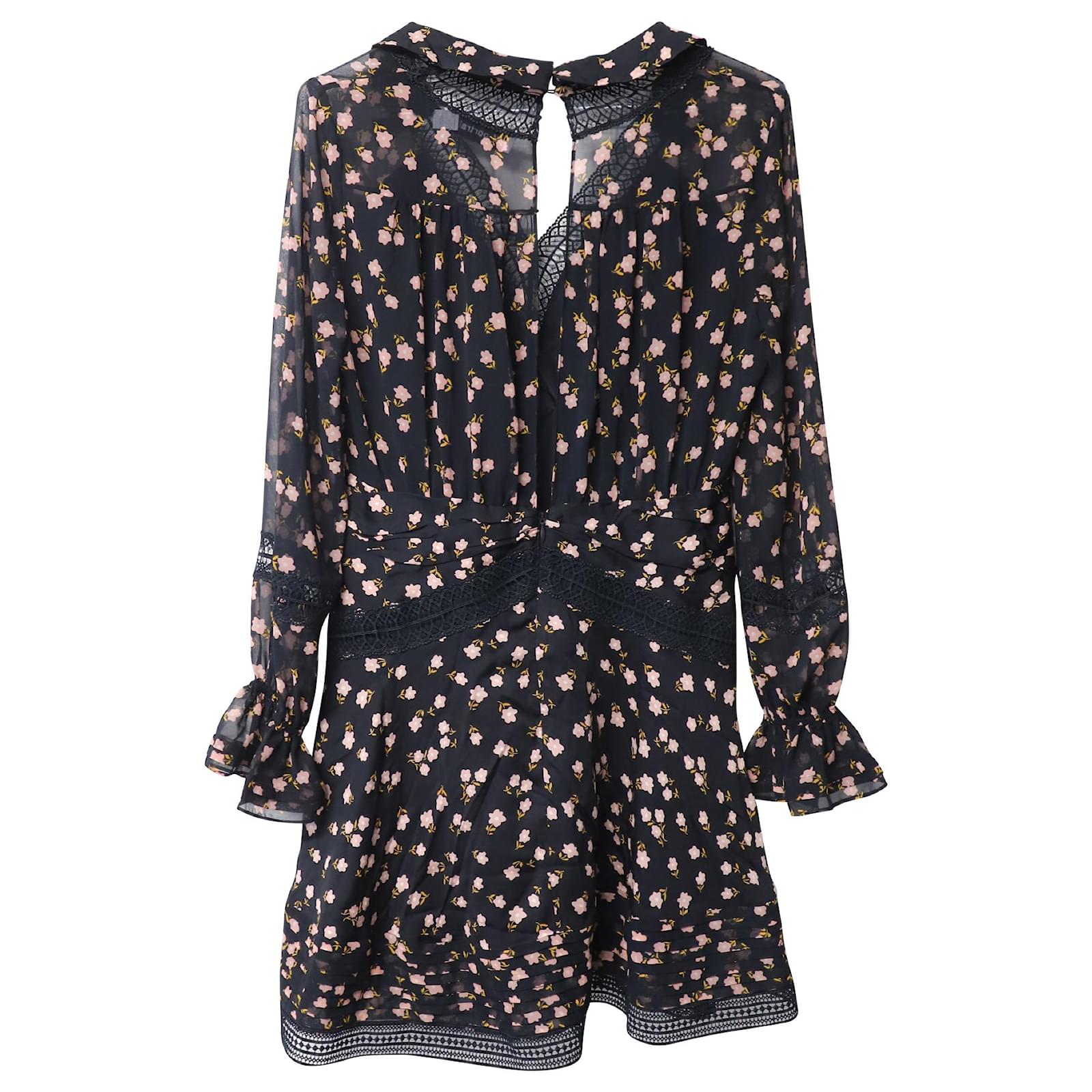 Self Portrait Twist-Front Ruffled Ditsy Mini Dress in Black Print Silk