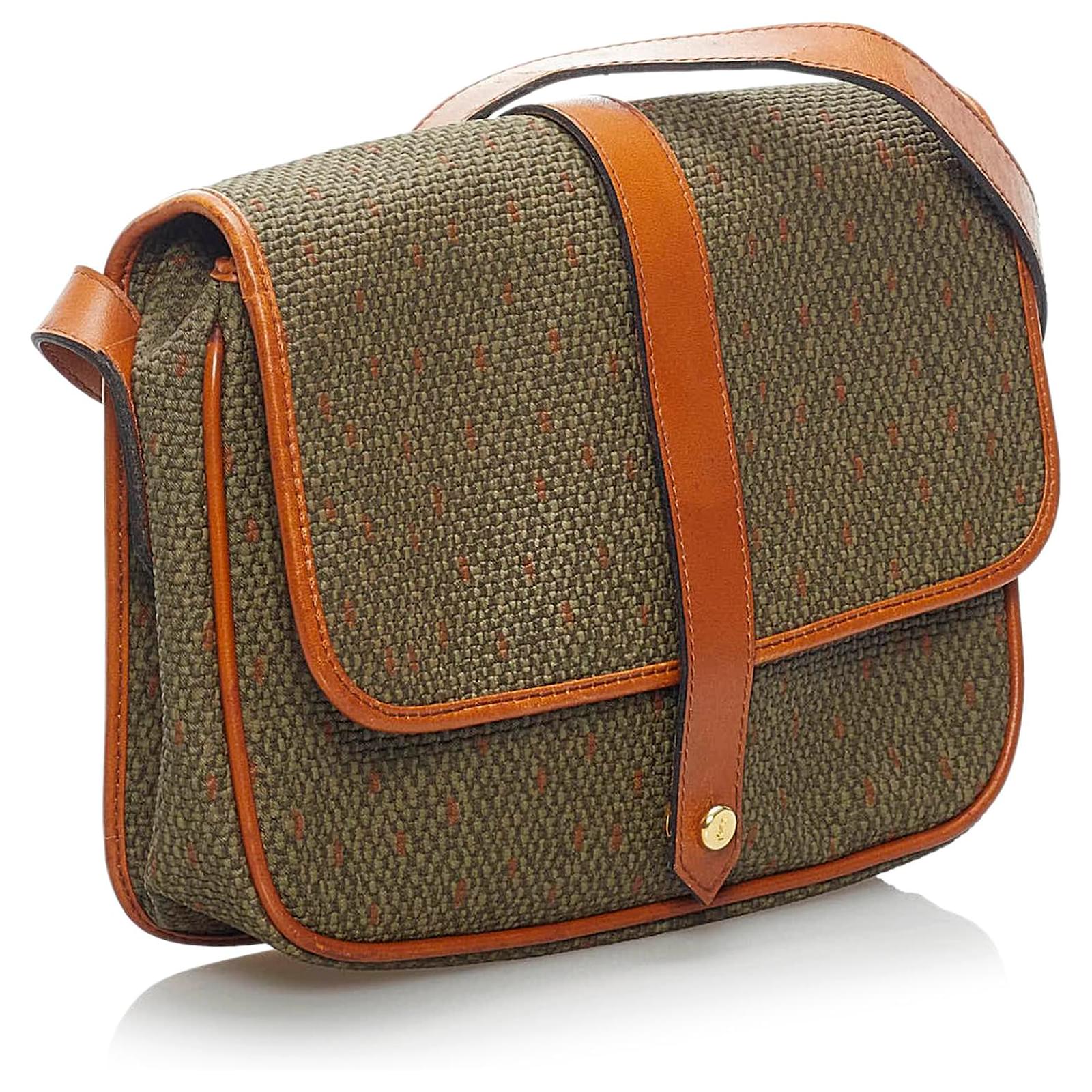 Yves Saint Laurent YSL Green Canvas Crossbody Bag Brown Leather Cloth
