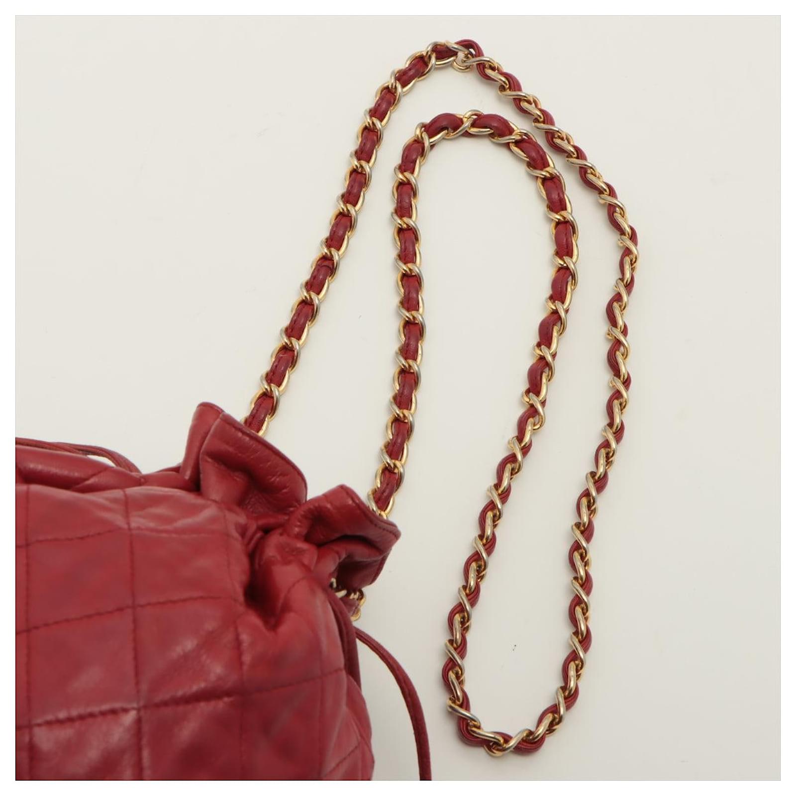Chanel Mini Drawstring Bucket 1986-1988 Red Quilted Lambskin Gold