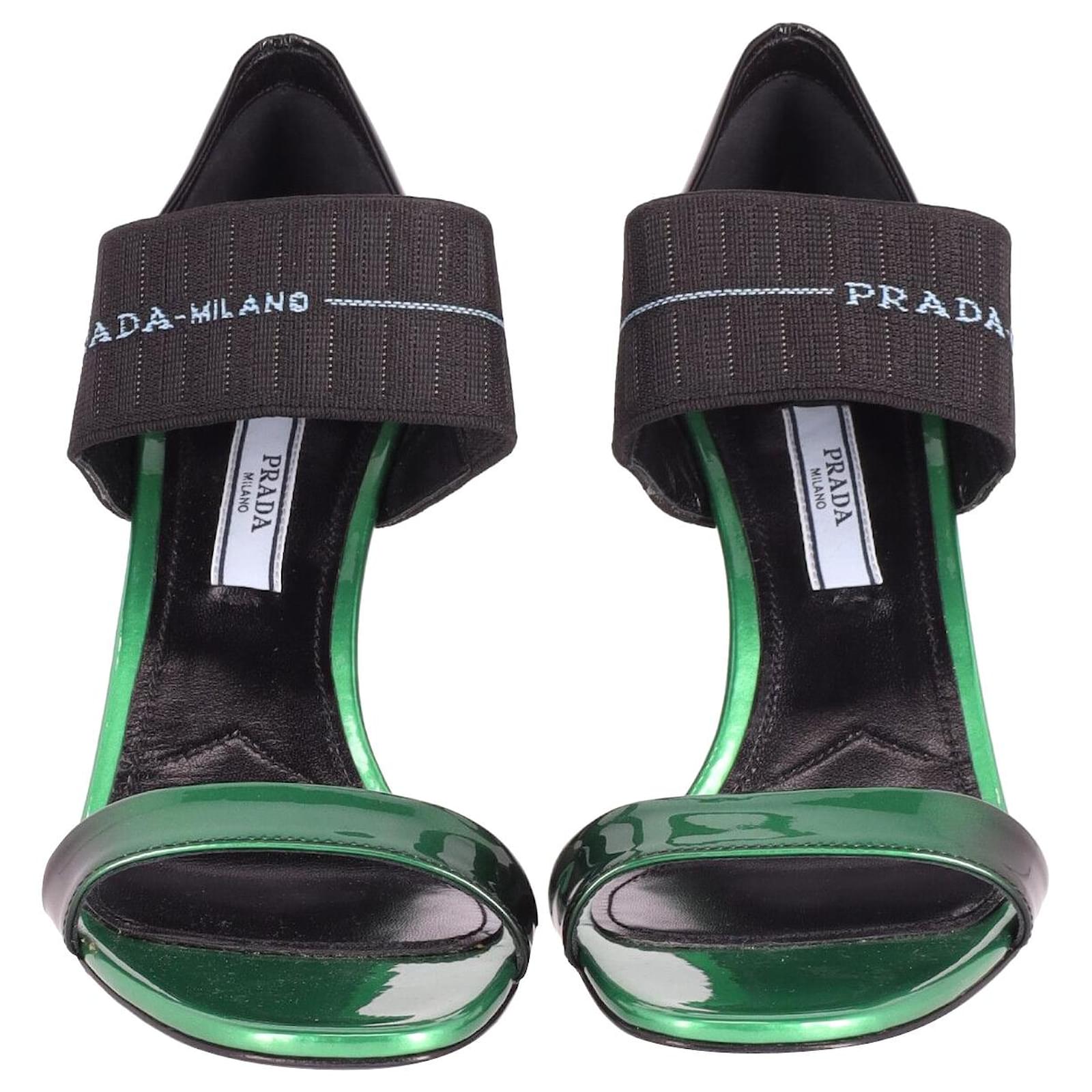 Prada Elasticated Logo Strap High Heel Sandals in Green and Black