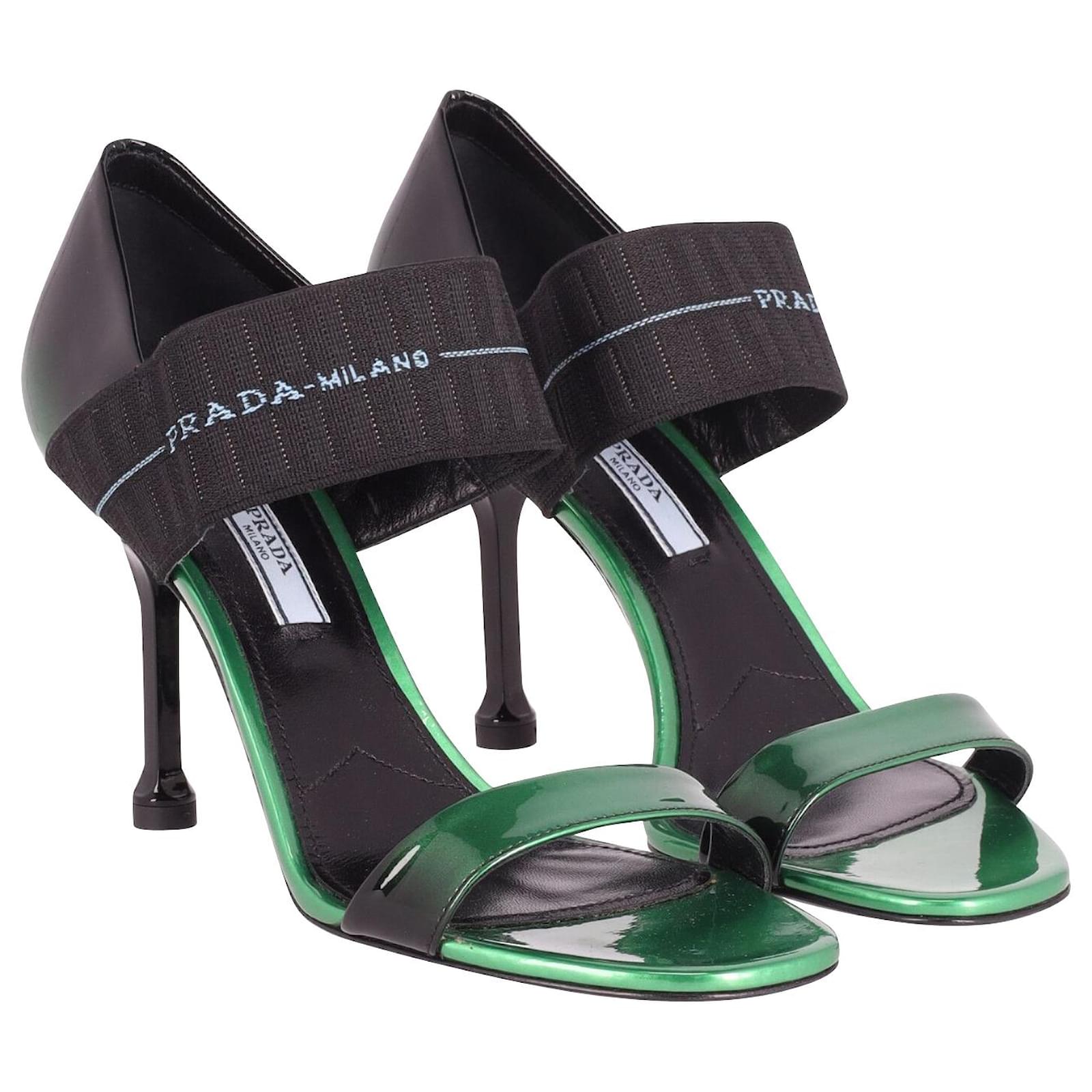 Prada Elasticated Logo Strap High Heel Sandals in Green and