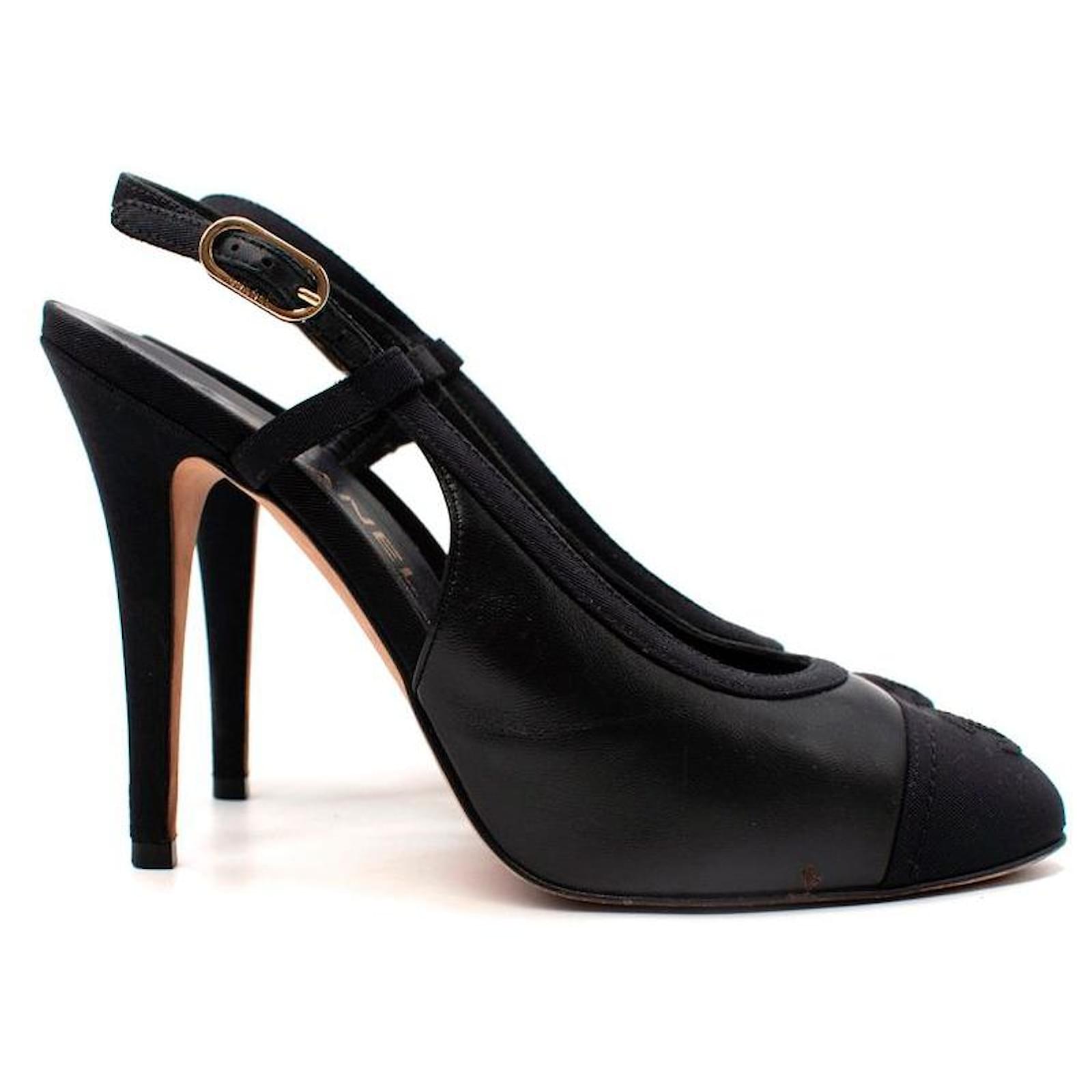 Chanel CC Cap Toe Leather & Grosgrain Slingback Sandals Black ref.611477 -  Joli Closet