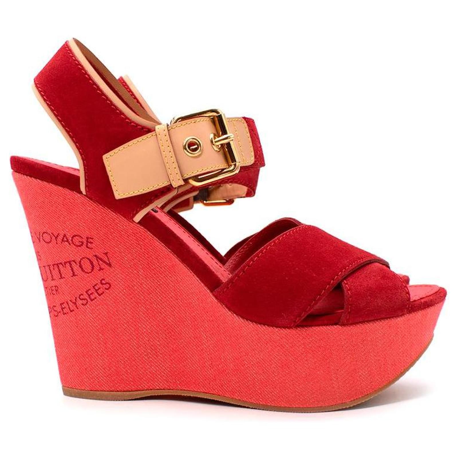 Louis Vuitton Red Denim & Suede Crossover Wedge Sandals ref.611519