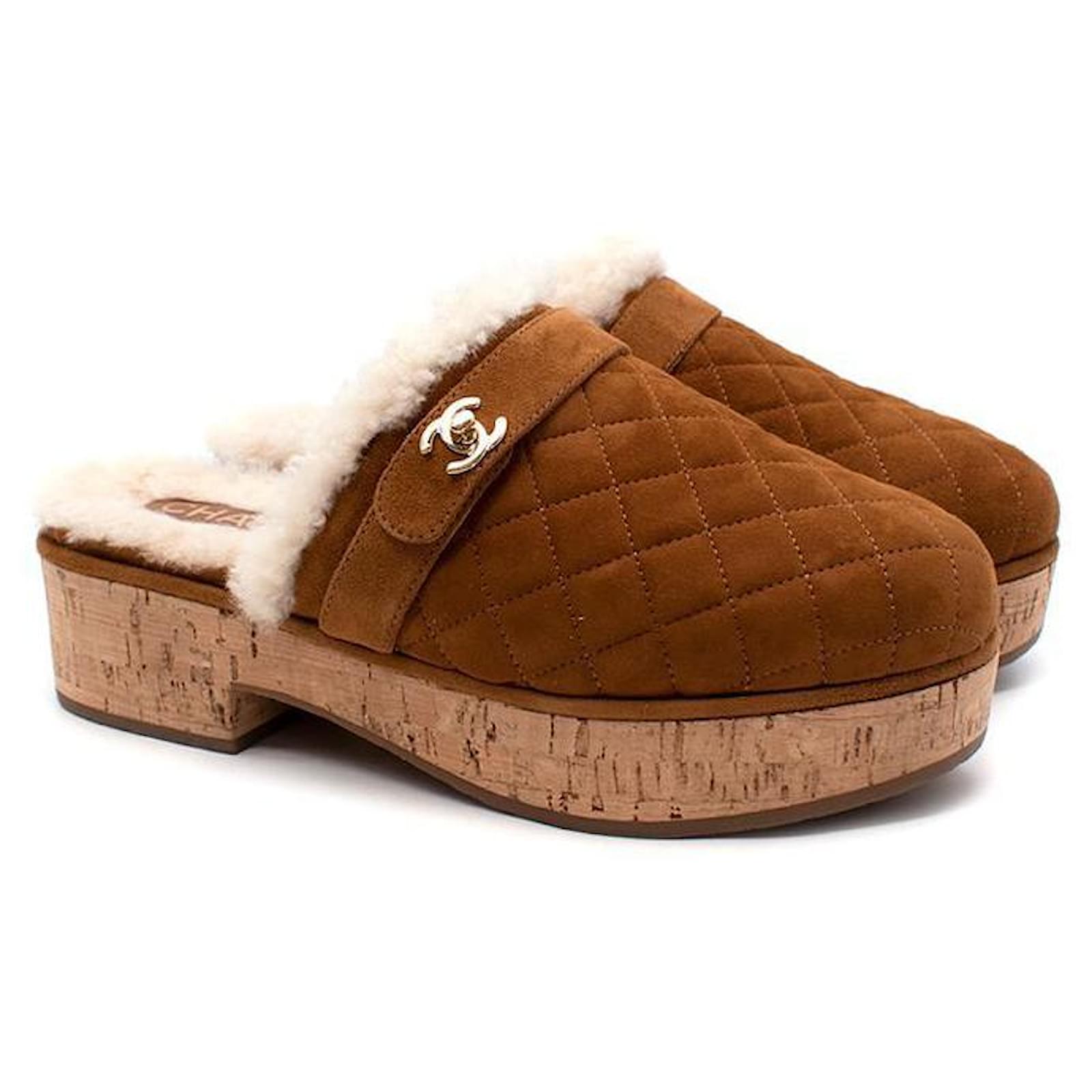 Chanel Suede Shearling Lined Tan Quilted Clogs Brown Beige  -  Joli Closet