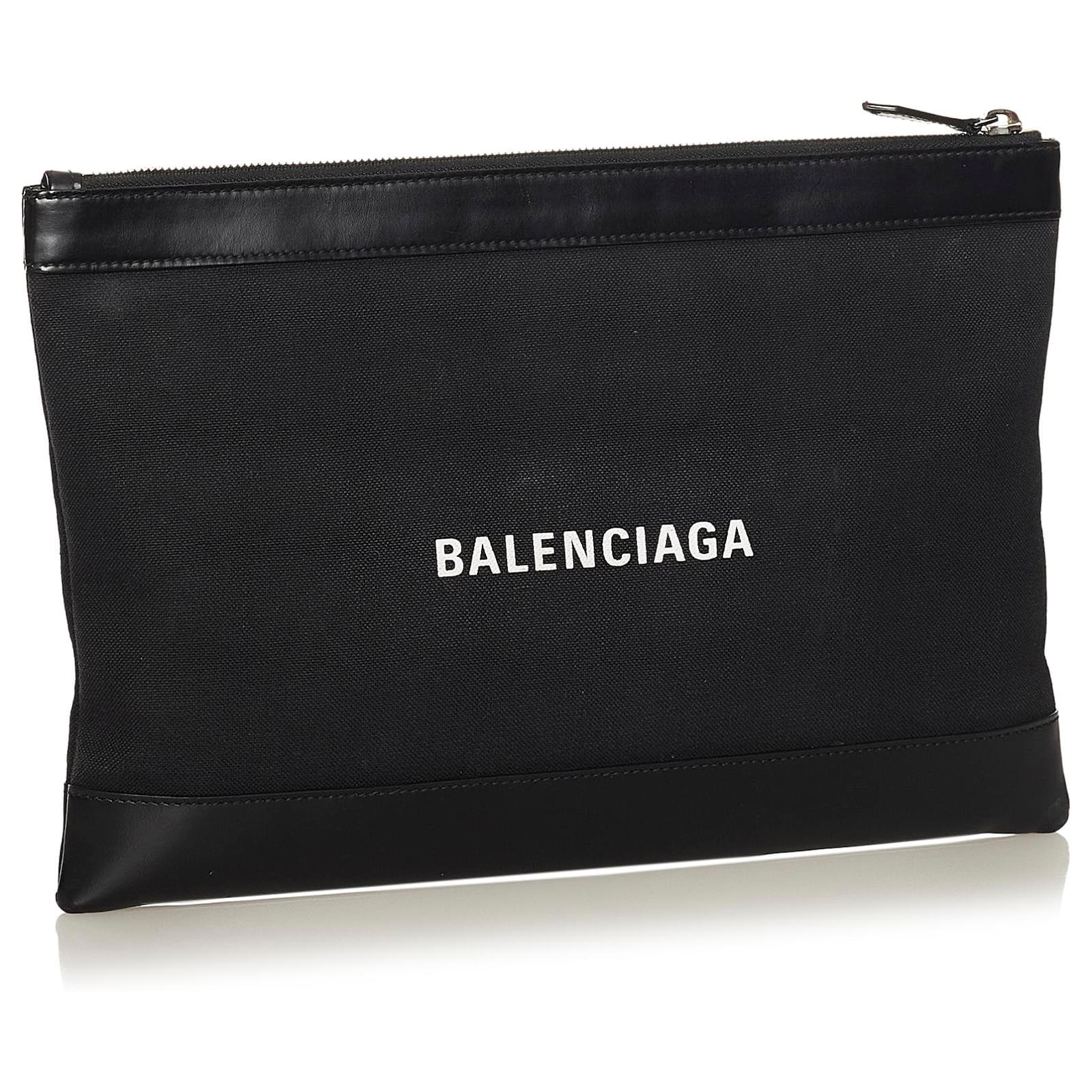 Balenciaga Black Navy Clip M Canvas Clutch Bag Leather Cloth Pony