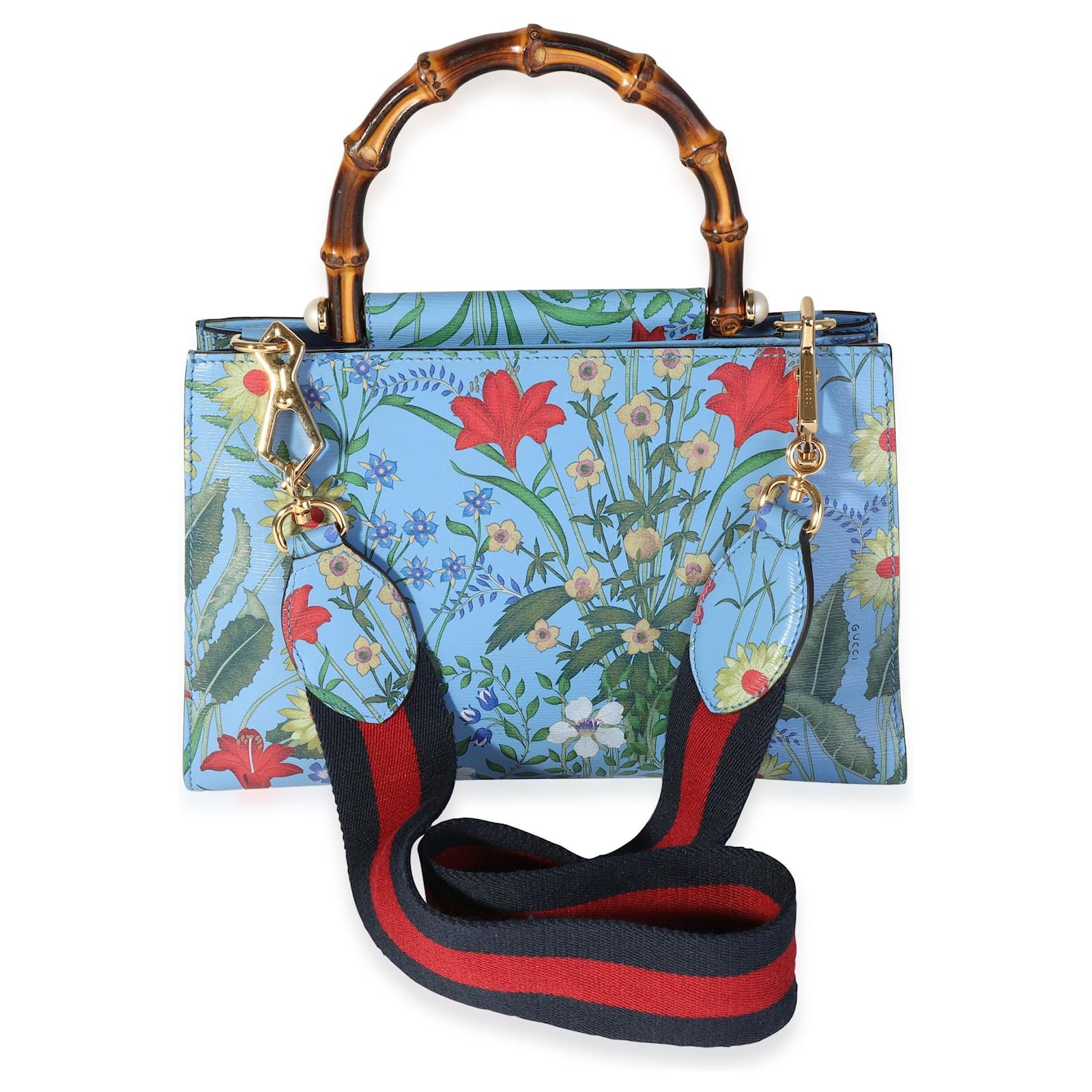 Gucci Bamboo Web New Flora Small Nymphaea Top Handle Blue Leather ref ...