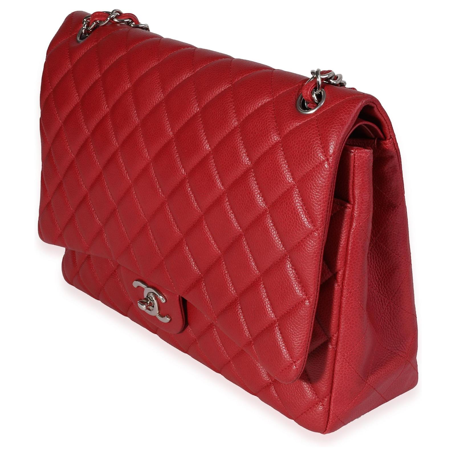 Chanel Red Quilted Caviar Maxi Classic Double Flap Bag Leather ref