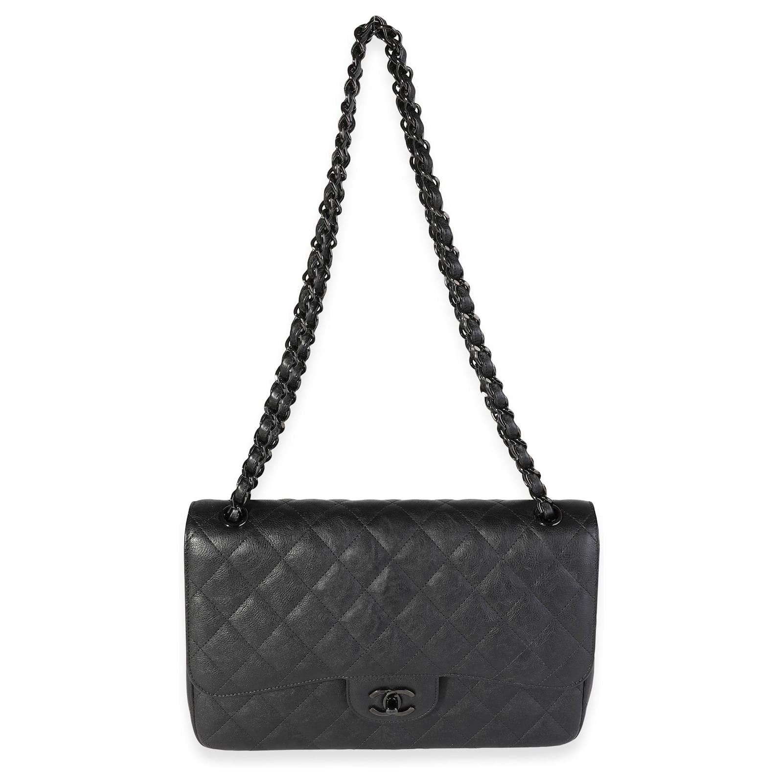 Chanel So Black Quilted Calfskin Jumbo Classic Double Flap Bag Leather ...