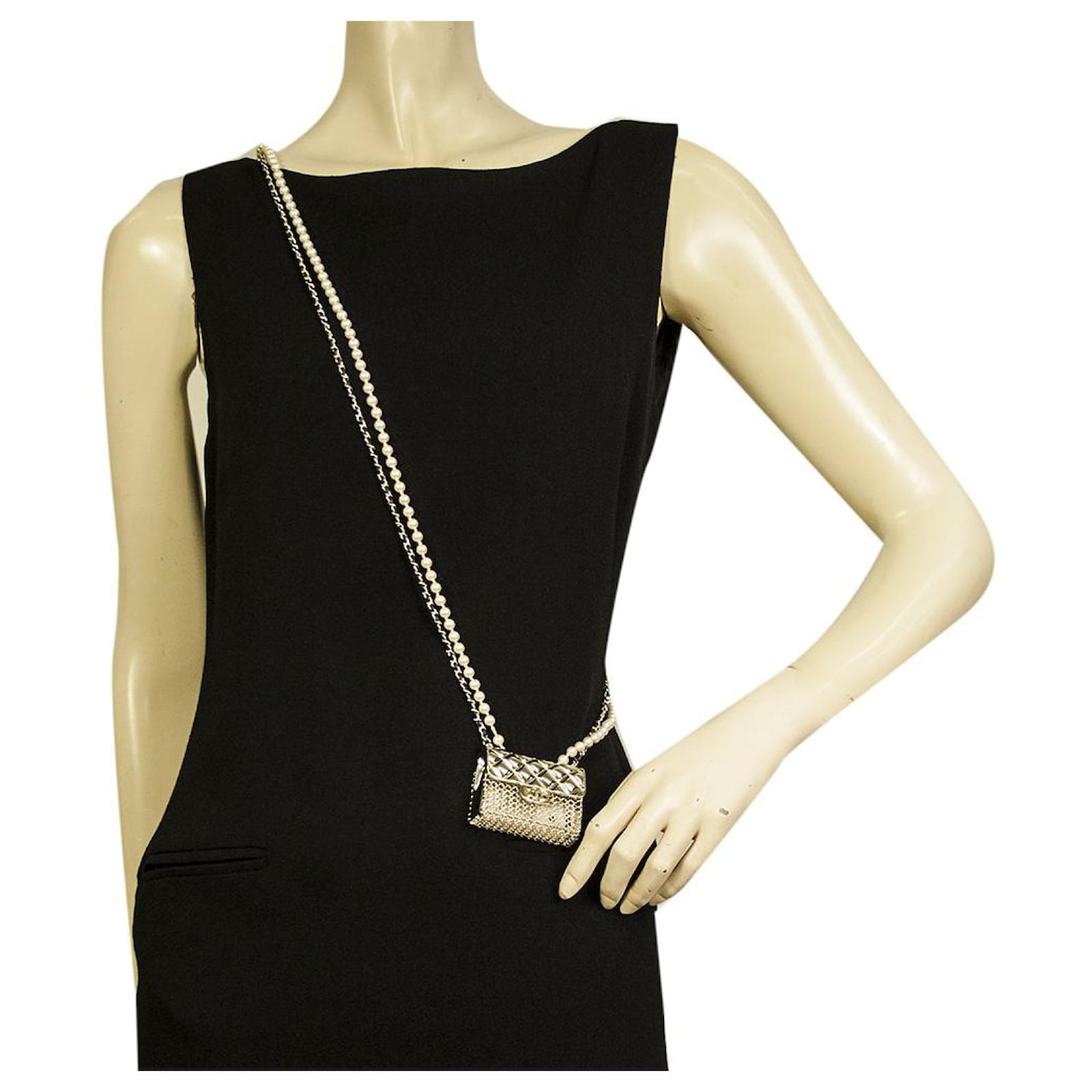 Chanel 21S Runway Micro Pearl Bag Metal CC Long Necklace And Shoulder Wear
