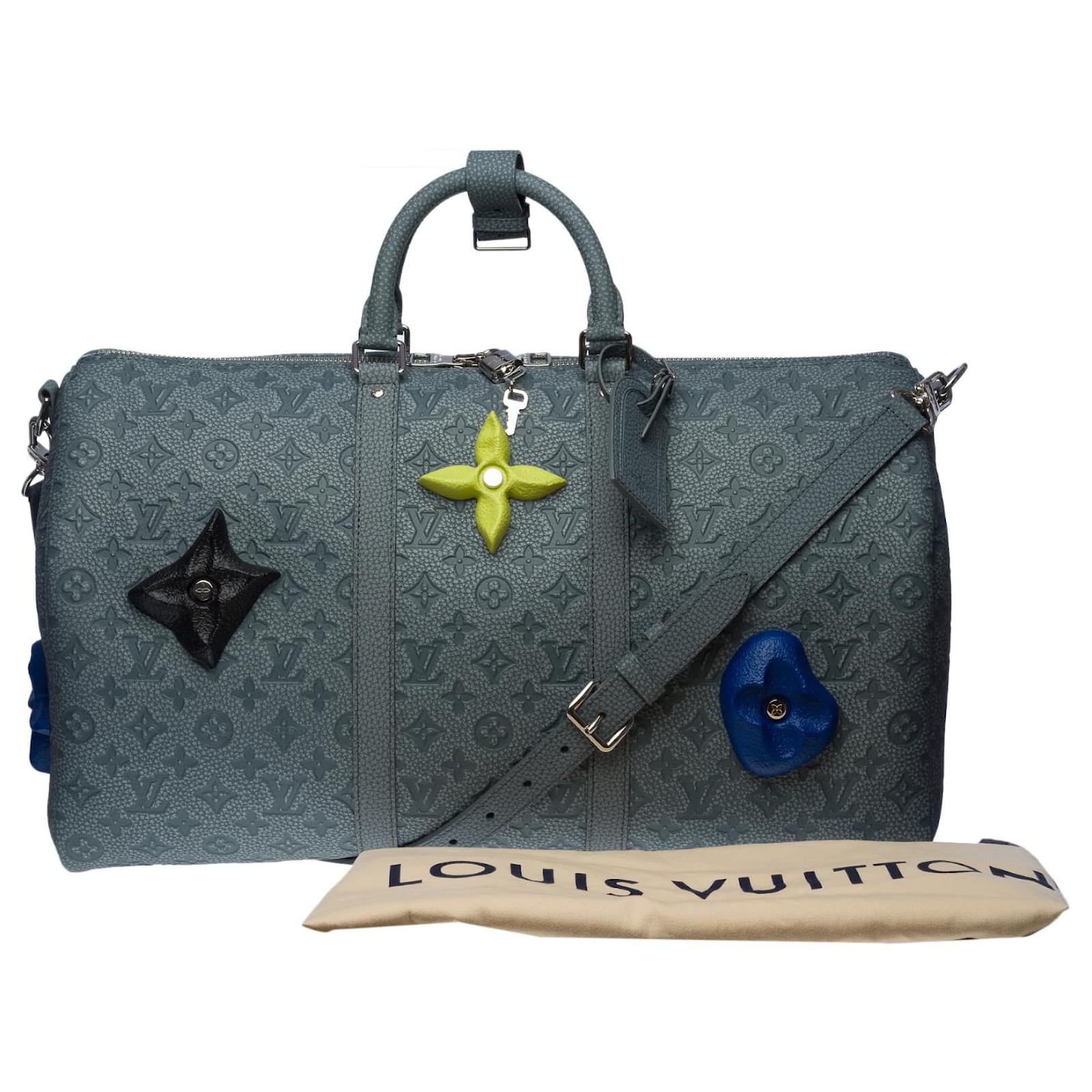 Louis Vuitton Virgil Abloh Teal and White Damier Leather Marque déposée Keepall Bandoulière 45 Silver Hardware, 2021 (Like New), Handbag