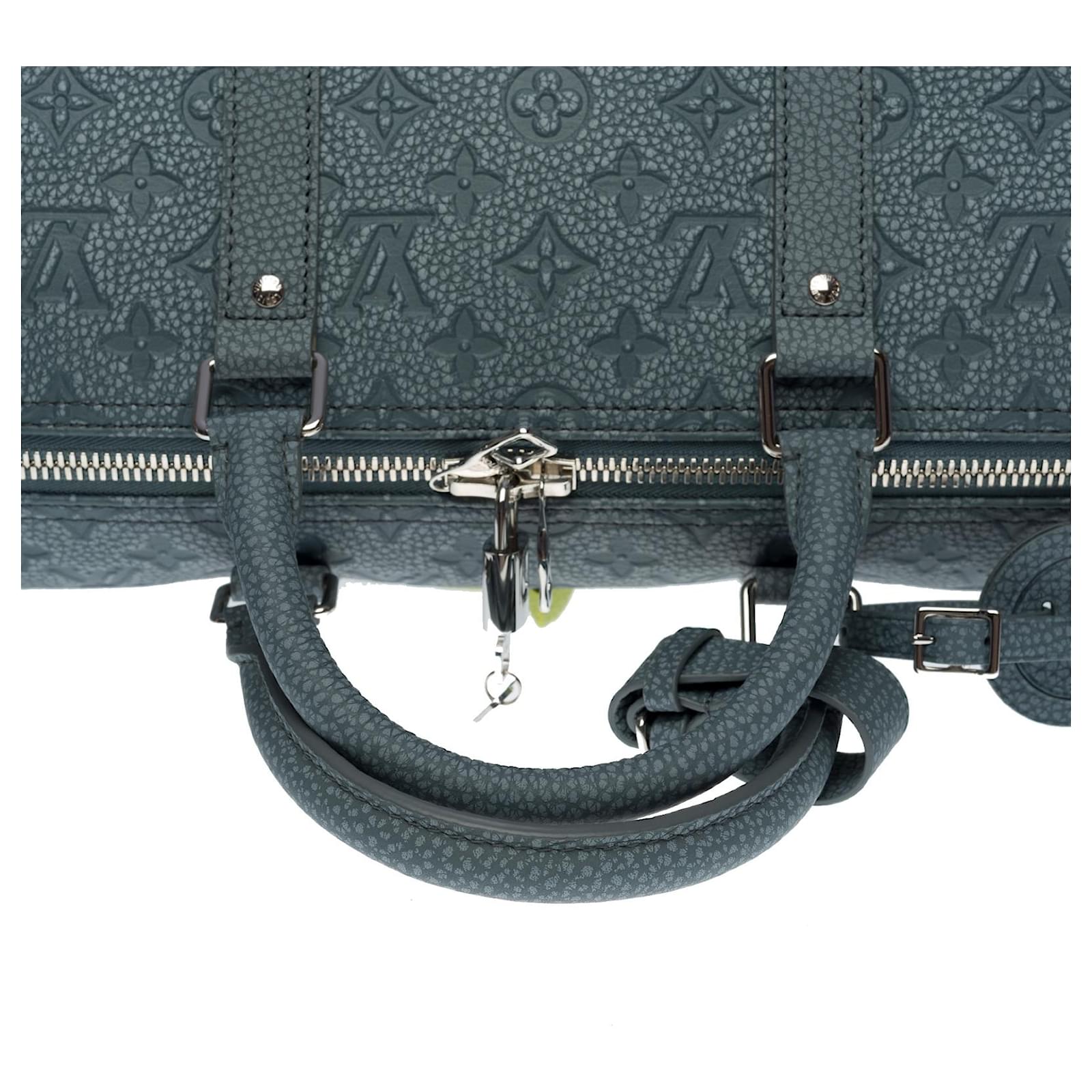 Louis Vuitton Virgil Abloh Teal and White Damier Leather Marque déposée Keepall Bandoulière 45 Silver Hardware, 2021 (Like New), Handbag