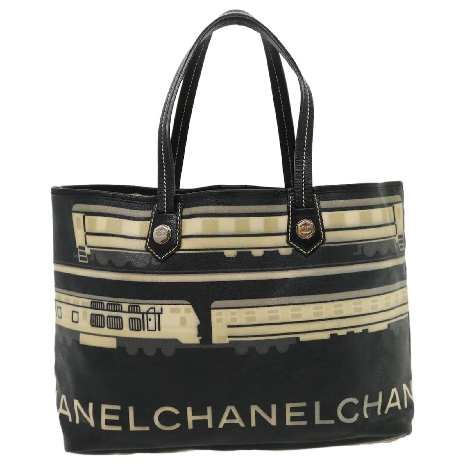 CHANEL Central station Tote Bag Train PVC Leather Black Beige