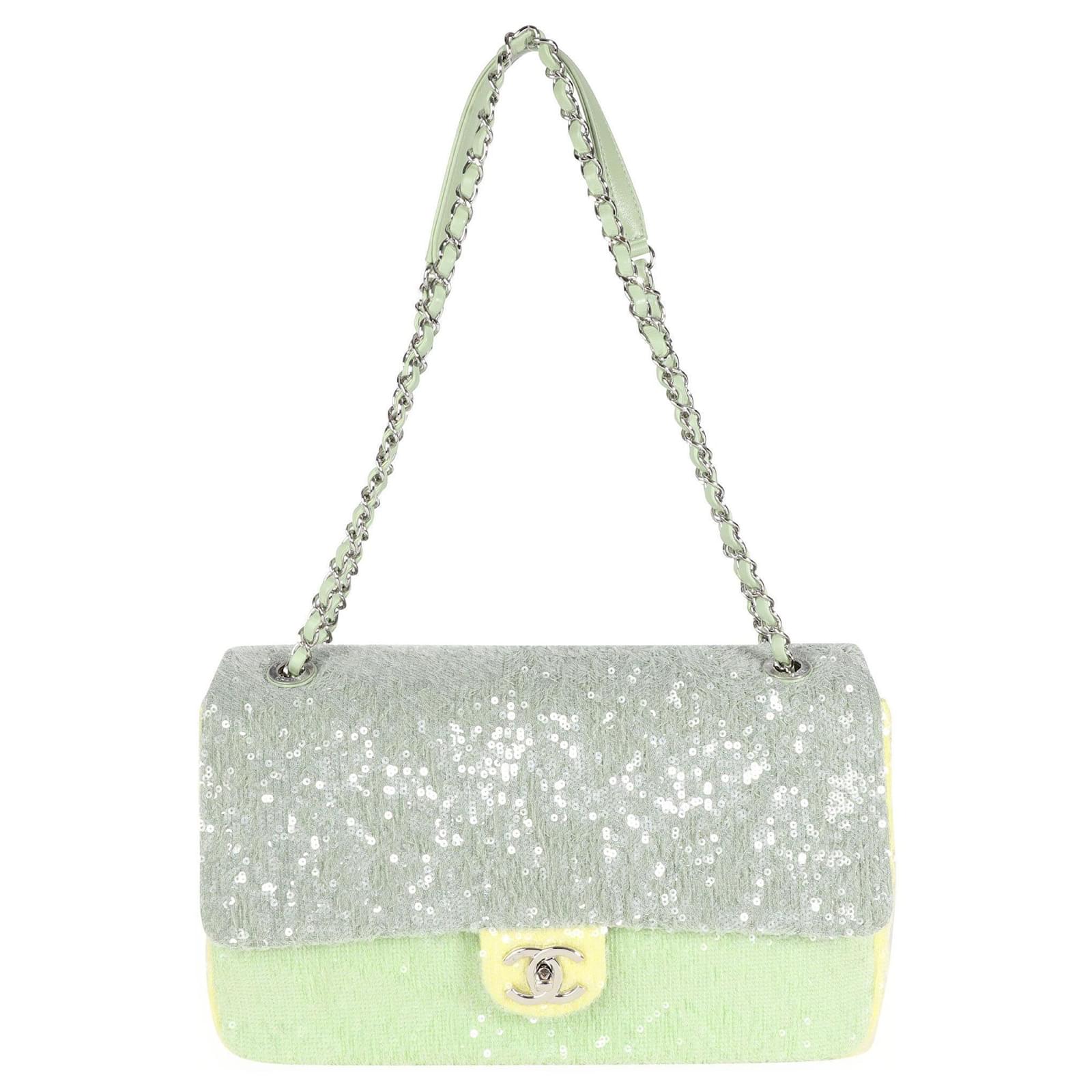CHANEL Sequin Large Waterfall Flap Green Light Green Yellow 1259130