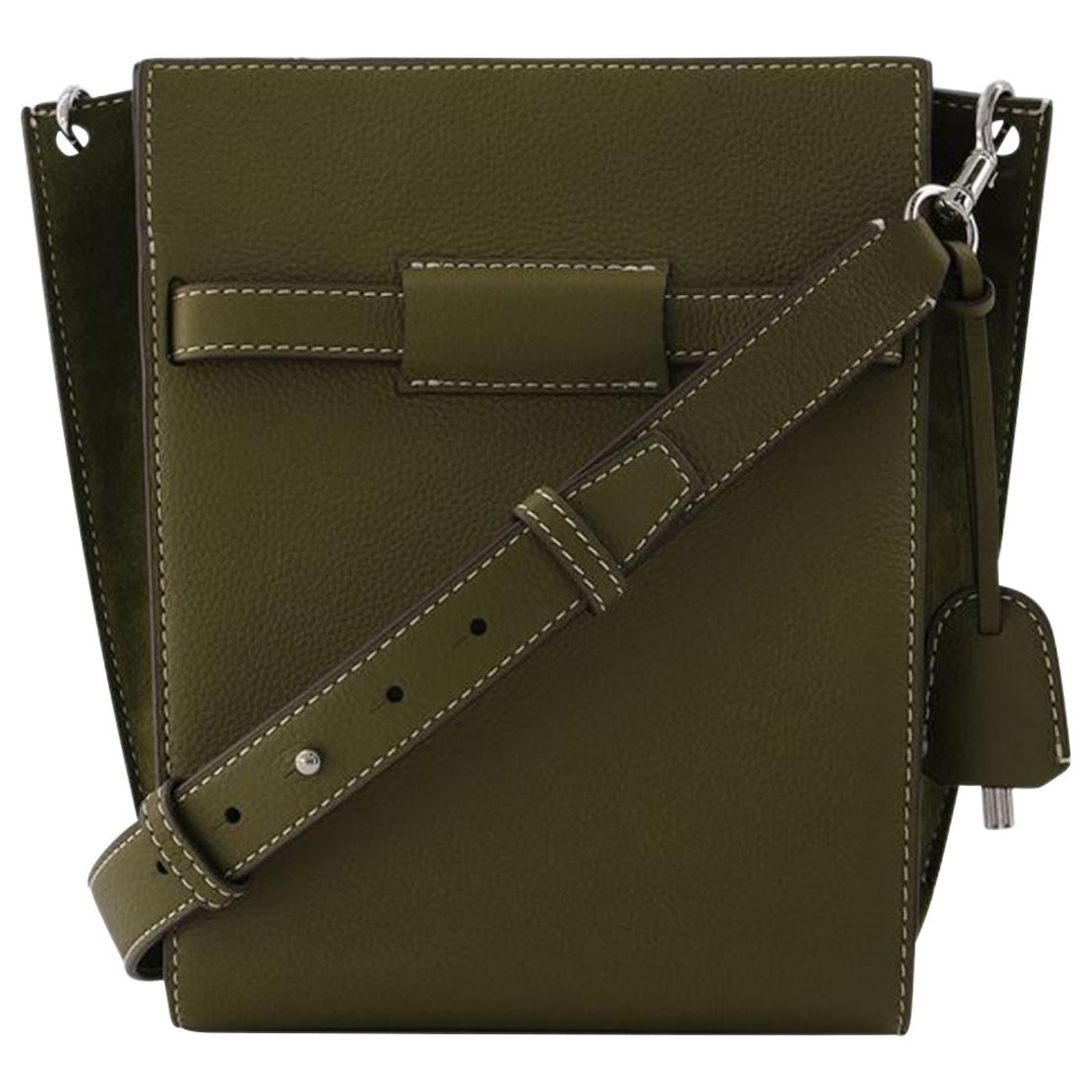 Tory Burch Lee Radziwill Pebbled Bucket Bag Green Khaki Leather   - Joli Closet