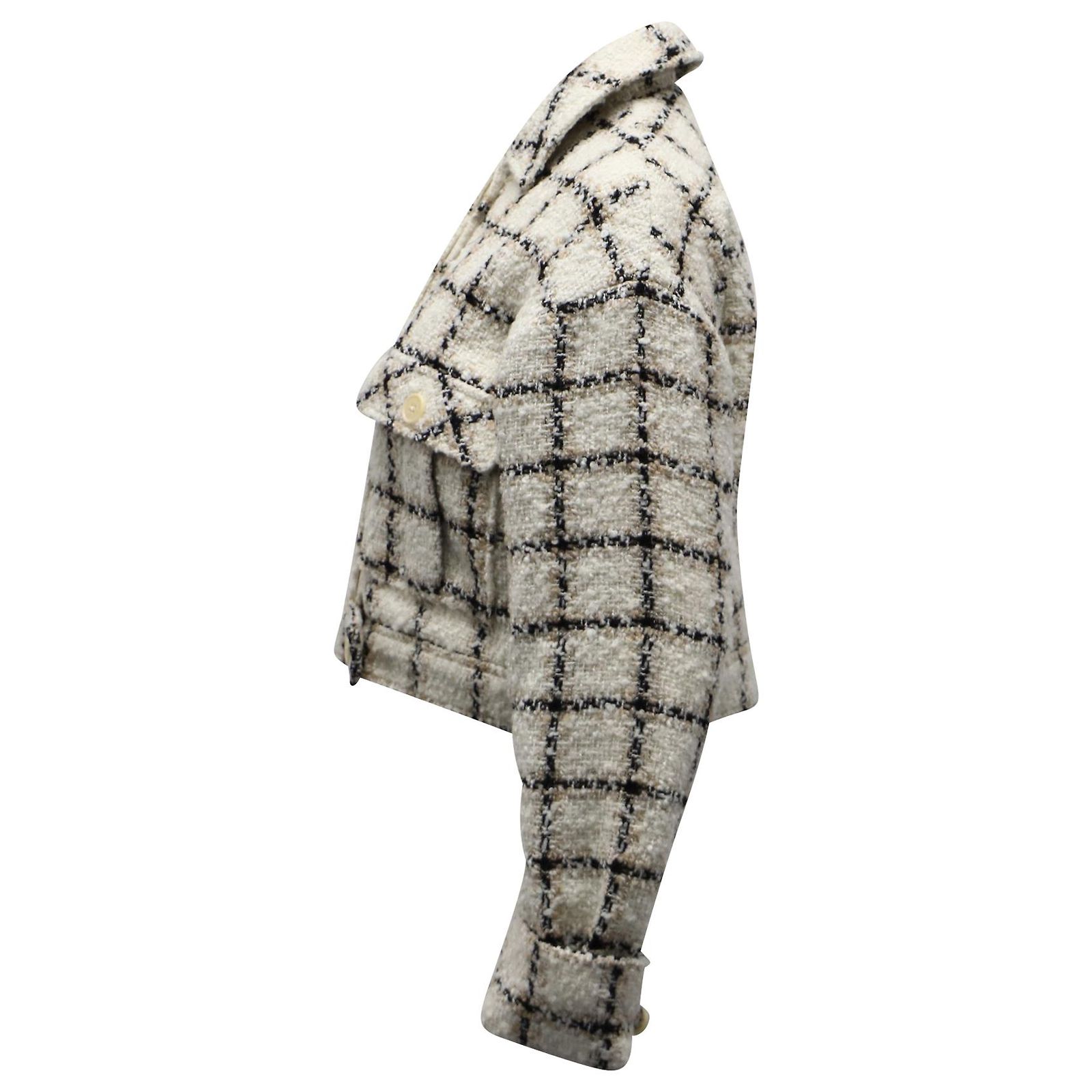 Veste Tweed à Carreaux Femme - Blazer Court Sans Col, Manches Longues, Style Vintage Business Décontracté