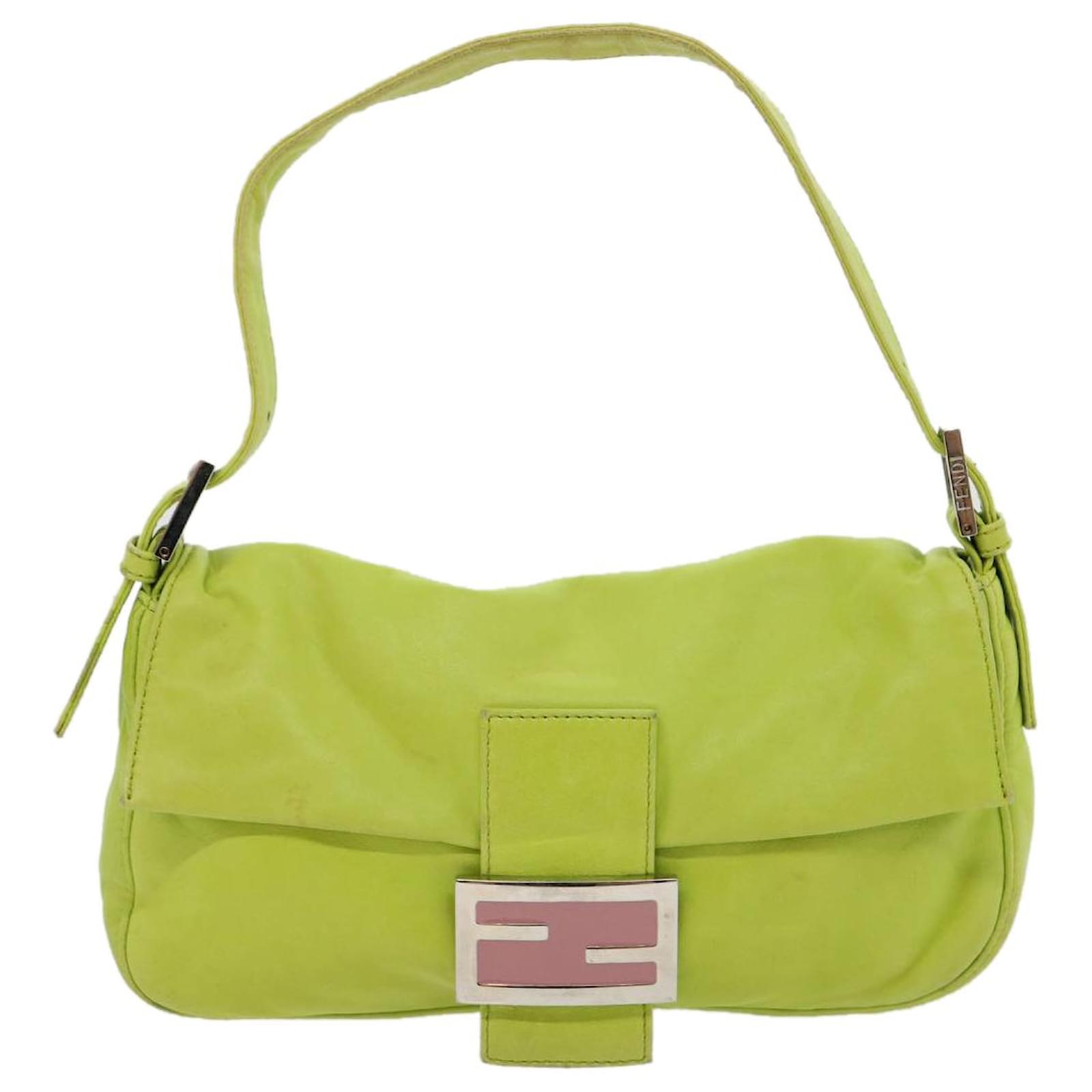 FENDI Mamma Baguette Shoulder Bag Leather LIme Green Pink