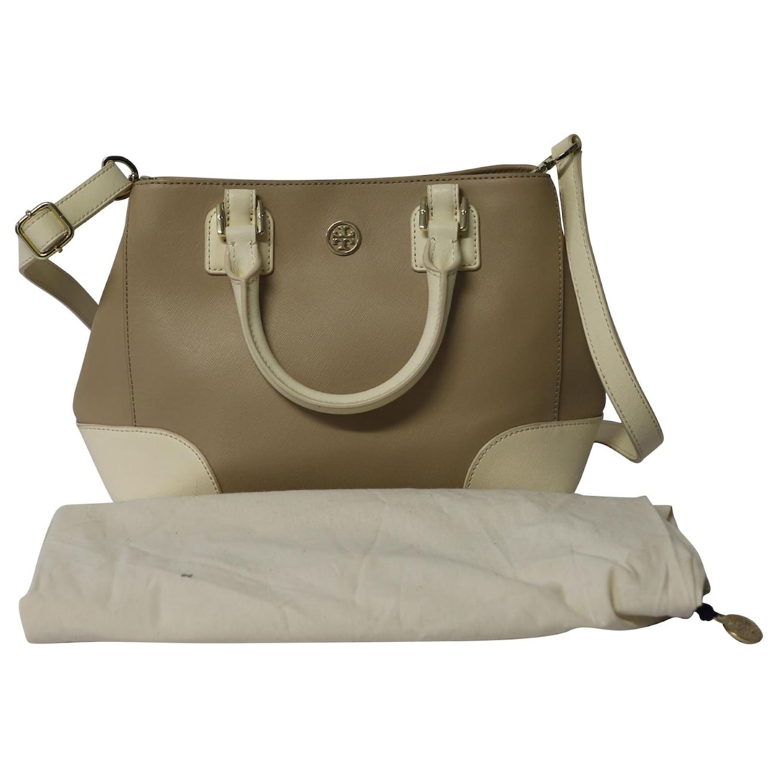 Tory Burch Two Tone Beige Saffiano Lux Leather Robinson Tote at 1stDibs