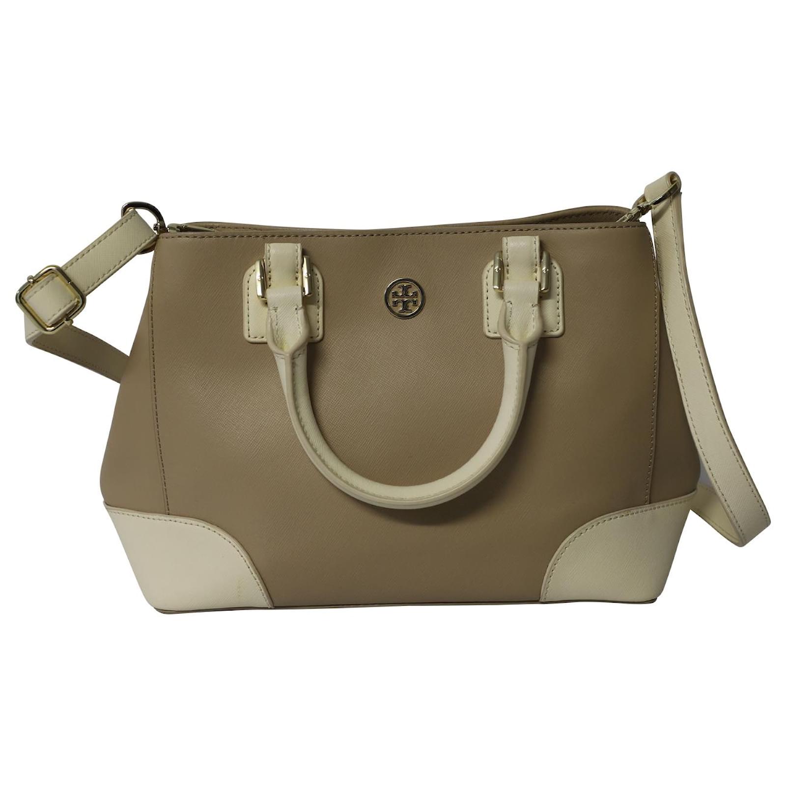 Tory Burch Two Tone Beige Saffiano Lux Leather Robinson Tote at 1stDibs