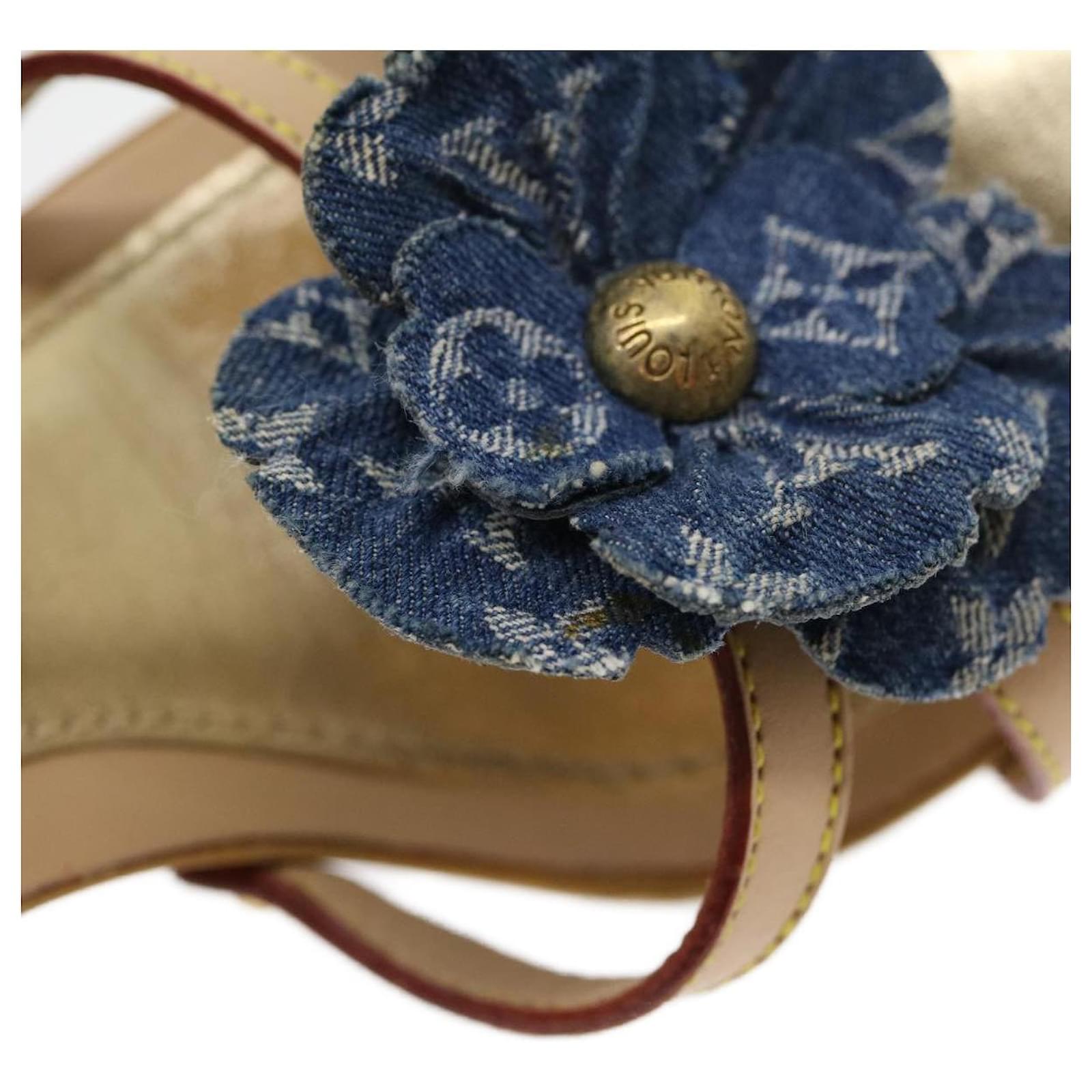 LOUIS VUITTON Denim Flower High heels Brown Gold LV Auth kk133