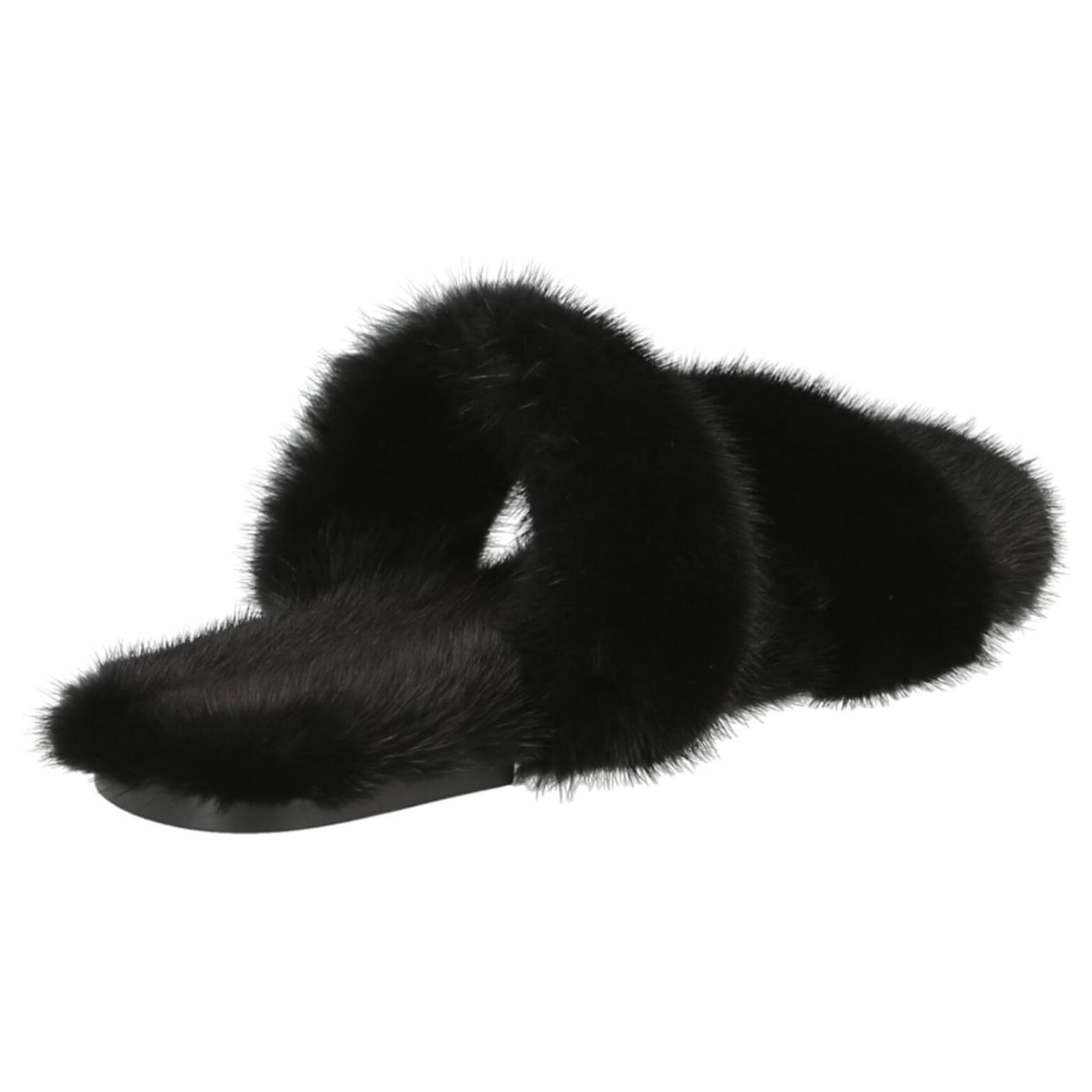 Saint Laurent Mens Bleach Mink Fur Slides Black ref.627998 - Joli Closet