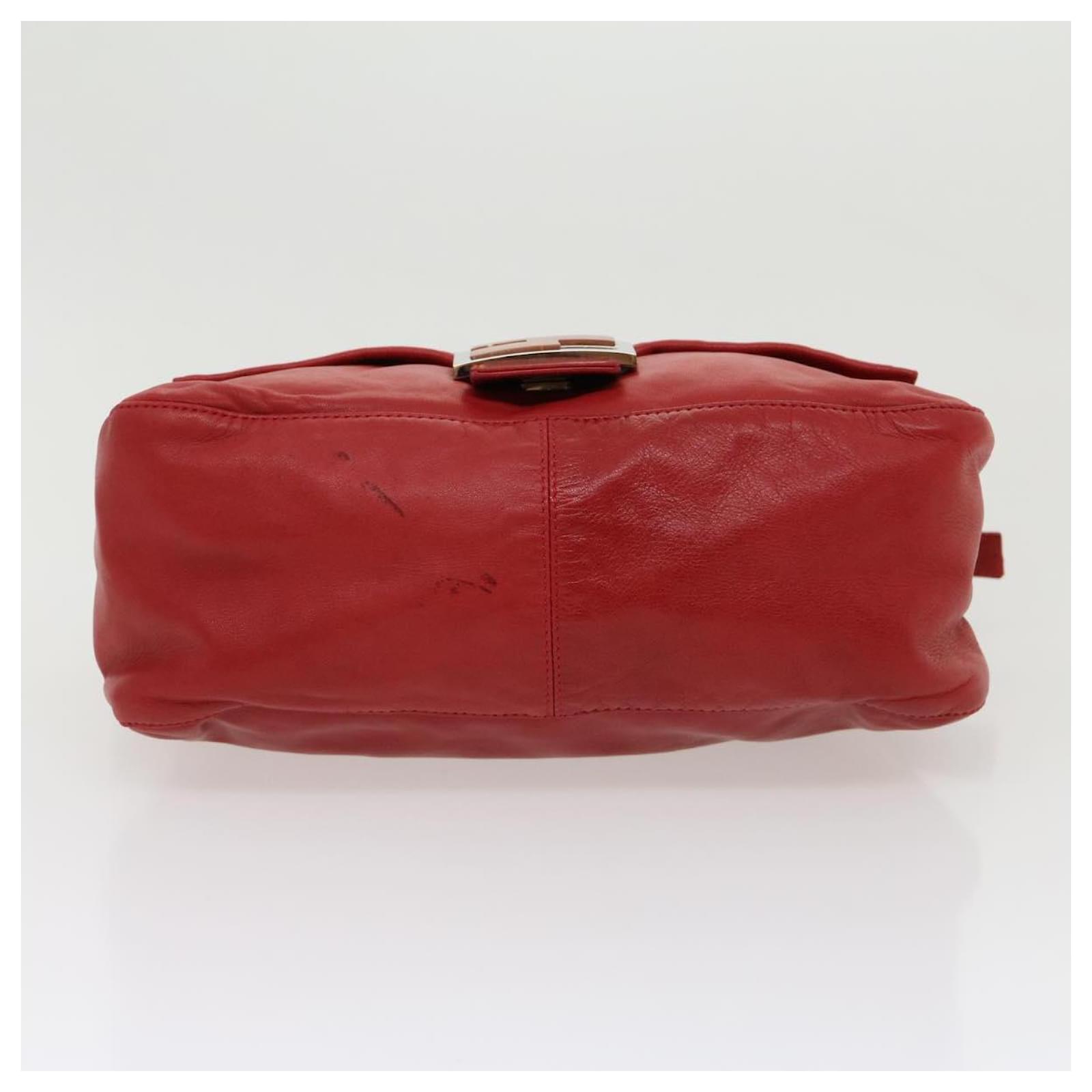 FENDI Mamma Baguette Shoulder Bag Leather Red Orange Auth