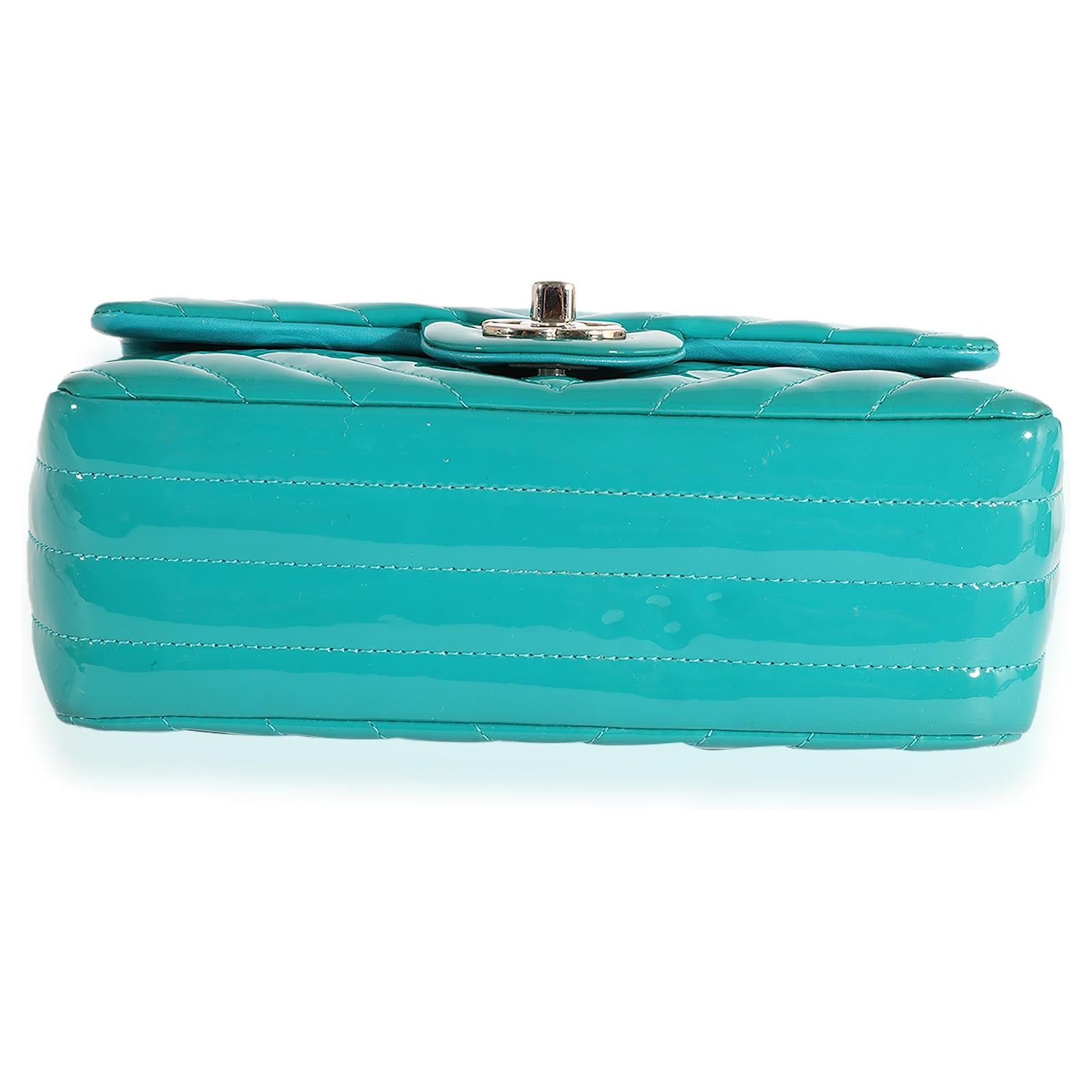 Chanel Teal Chevron Quilted Patent Leather Mini Rectangular Classic